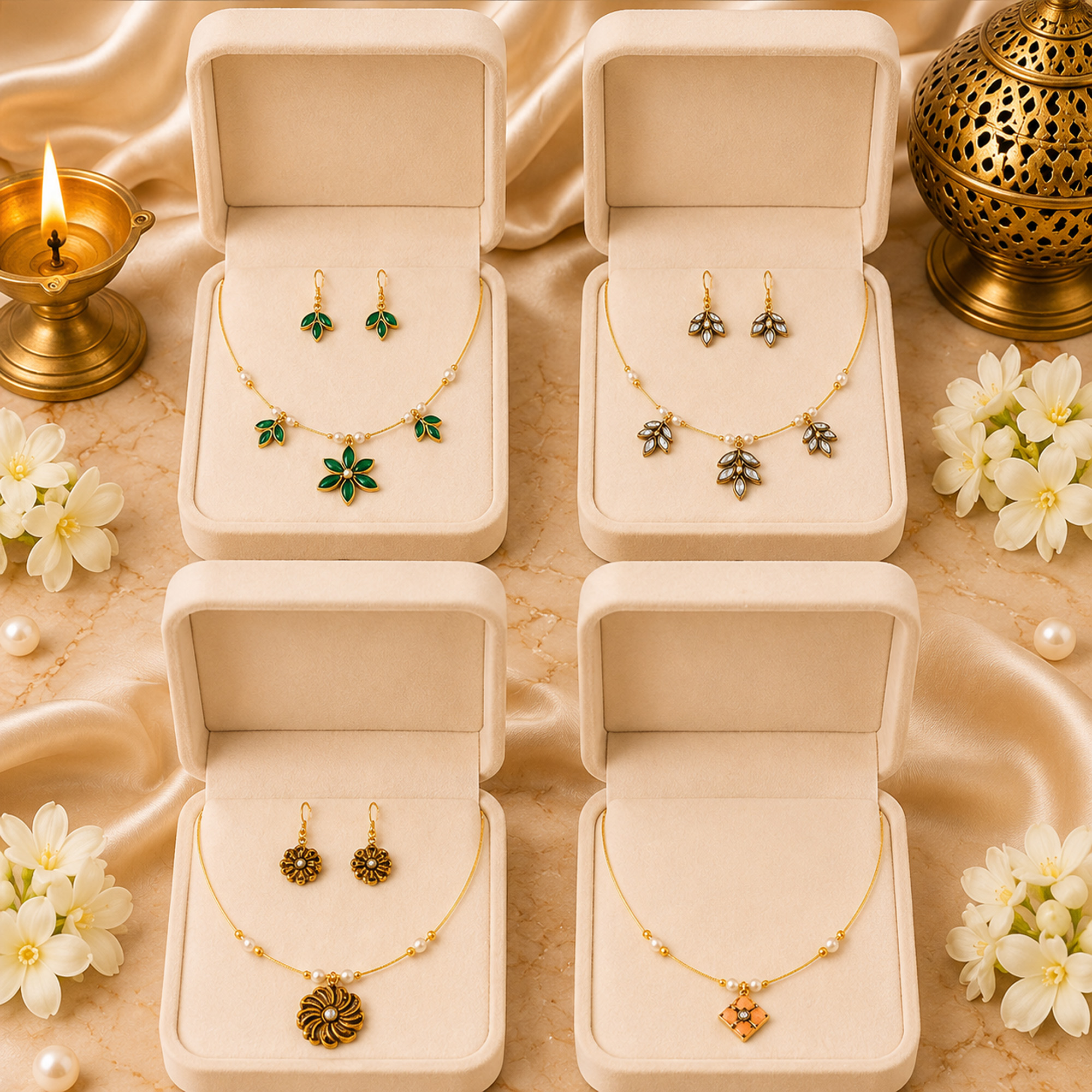 Gold floral invisible chain necklace and earring sets for women