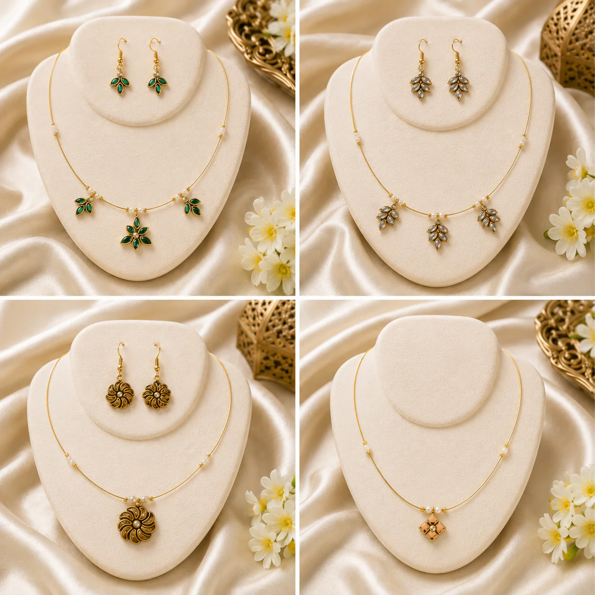 Gold floral invisible chain necklace and earring sets for women
