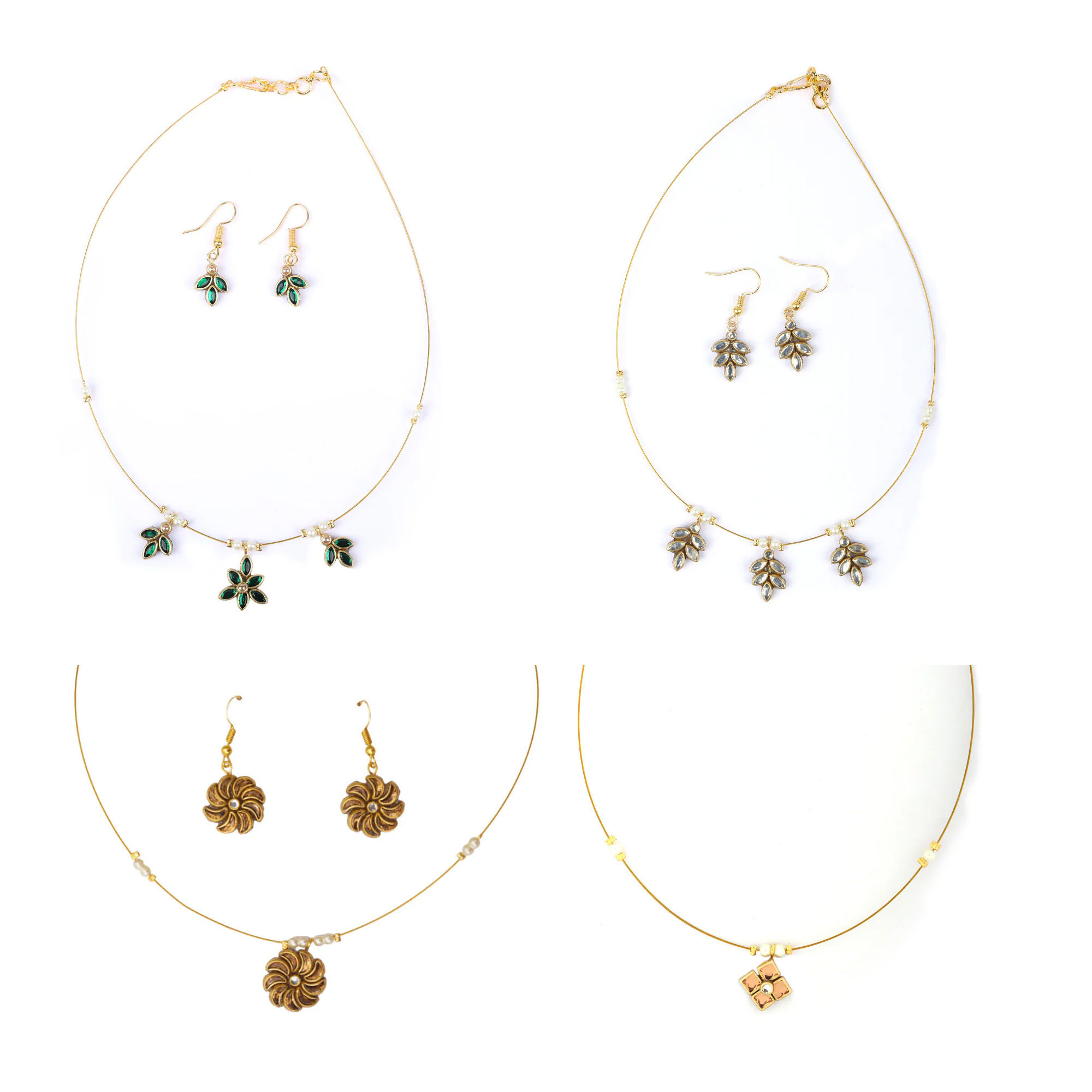Gold floral invisible chain necklace sets with matching earrings for women