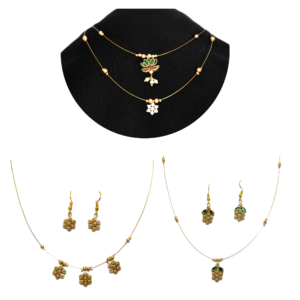 Gold layered invisible chain necklace set with green floral pendants and matching earrings for women