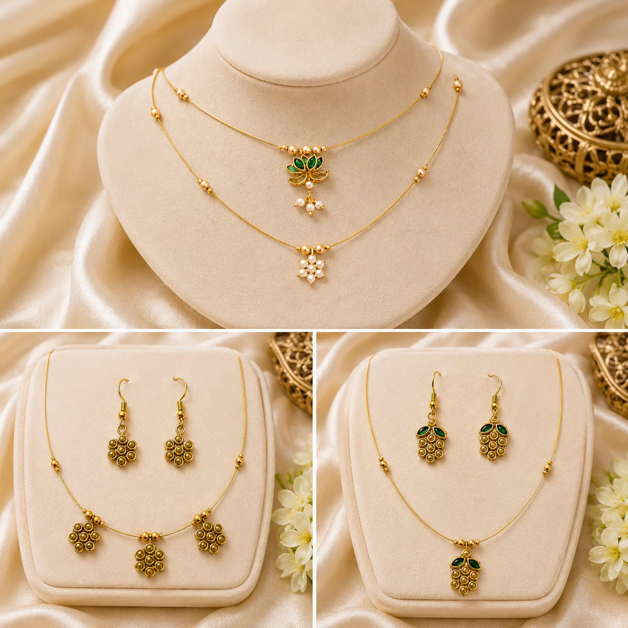 Gold layered invisible chain necklace set with green floral pendants and matching earrings for women