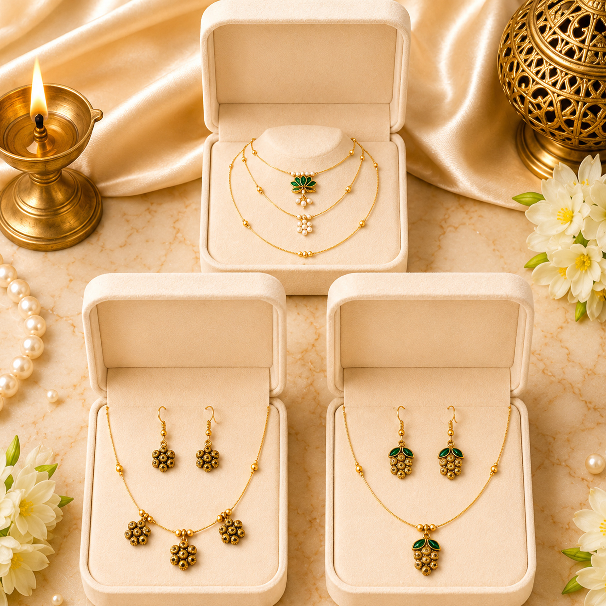 Gold layered invisible chain necklace and matching earrings with green floral pendants for women