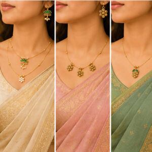 Gold layered invisible chain necklace with green floral pendants styled on a woman in sarees