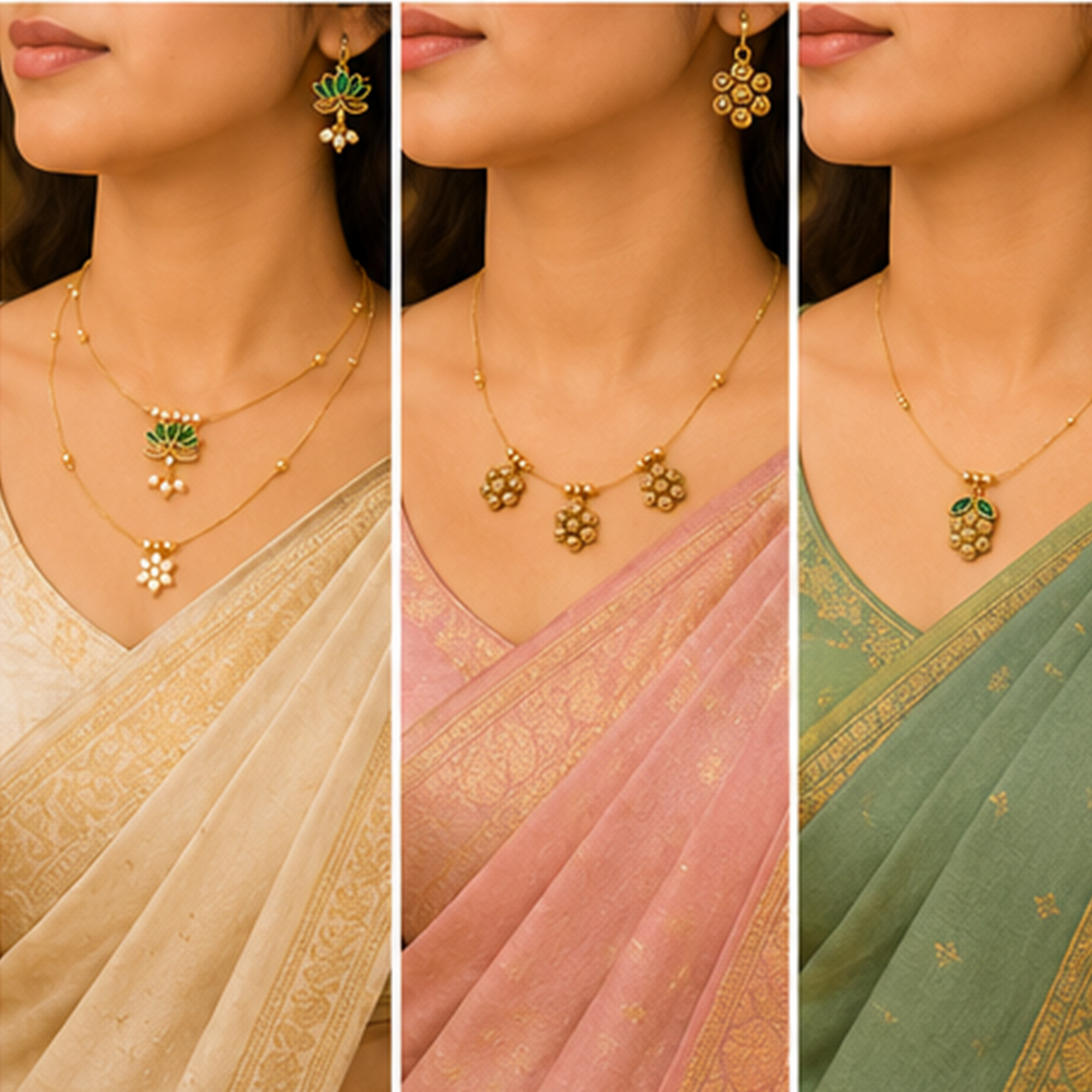 Gold layered invisible chain necklace with green floral pendants styled on a woman in sarees