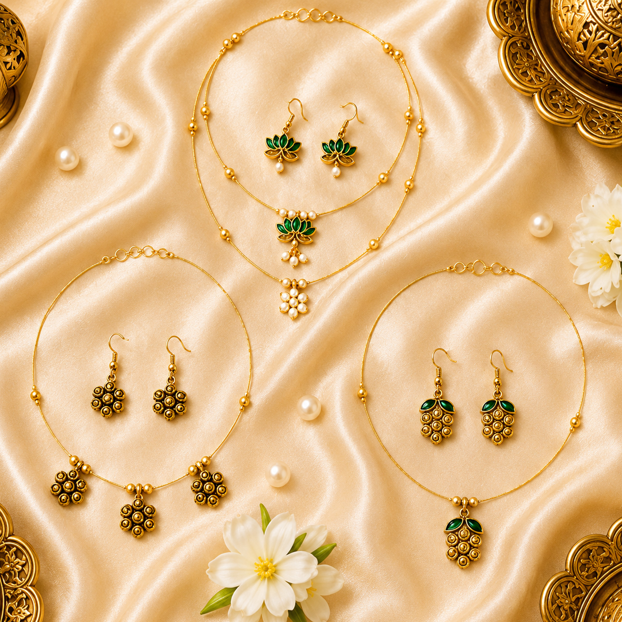 Gold layered invisible chain jewelry set with green floral pendants and matching earrings for women