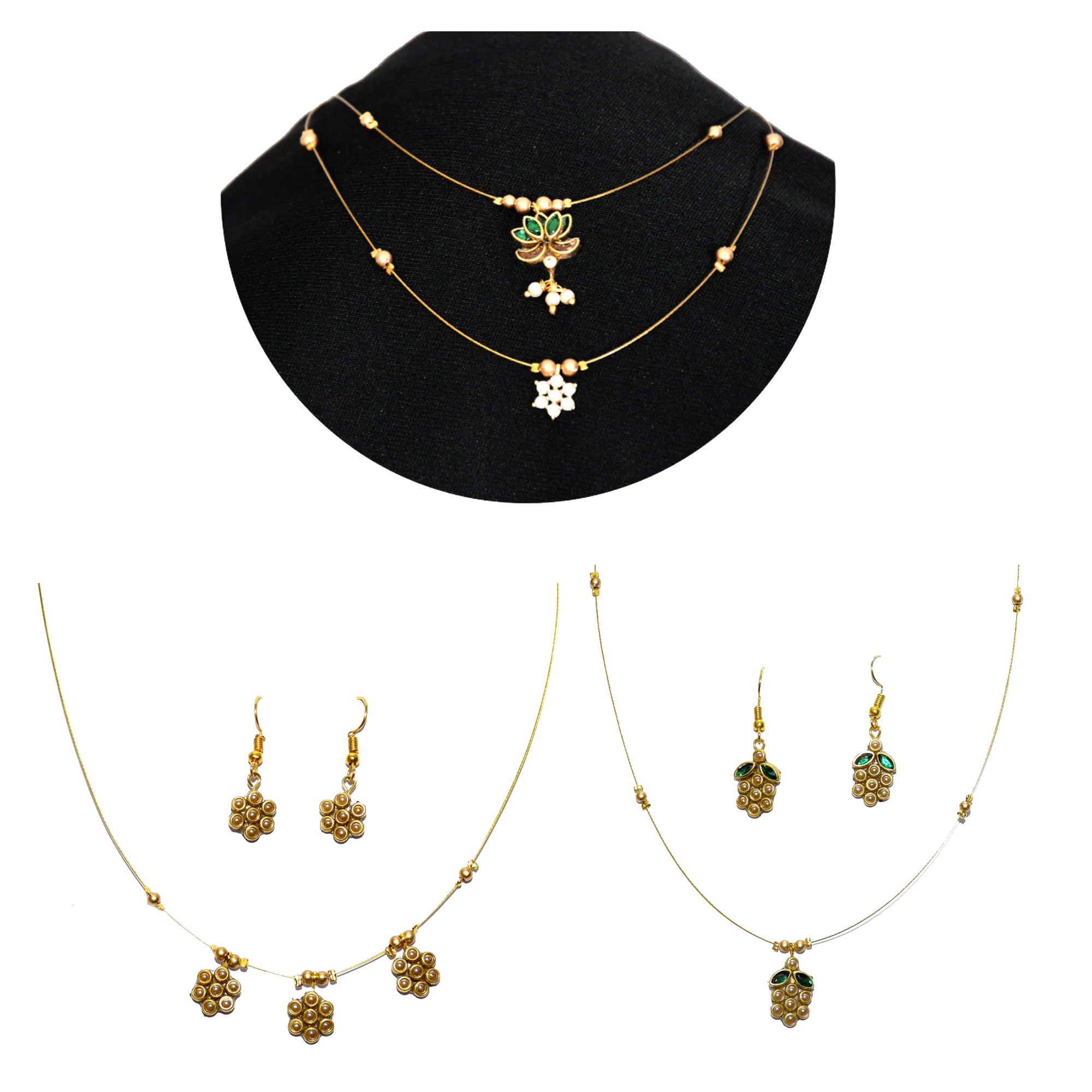 sklazo-golden-bloom-layered-invisible-chain Gold layered invisible chain necklace set with green floral pendants and matching earrings for women