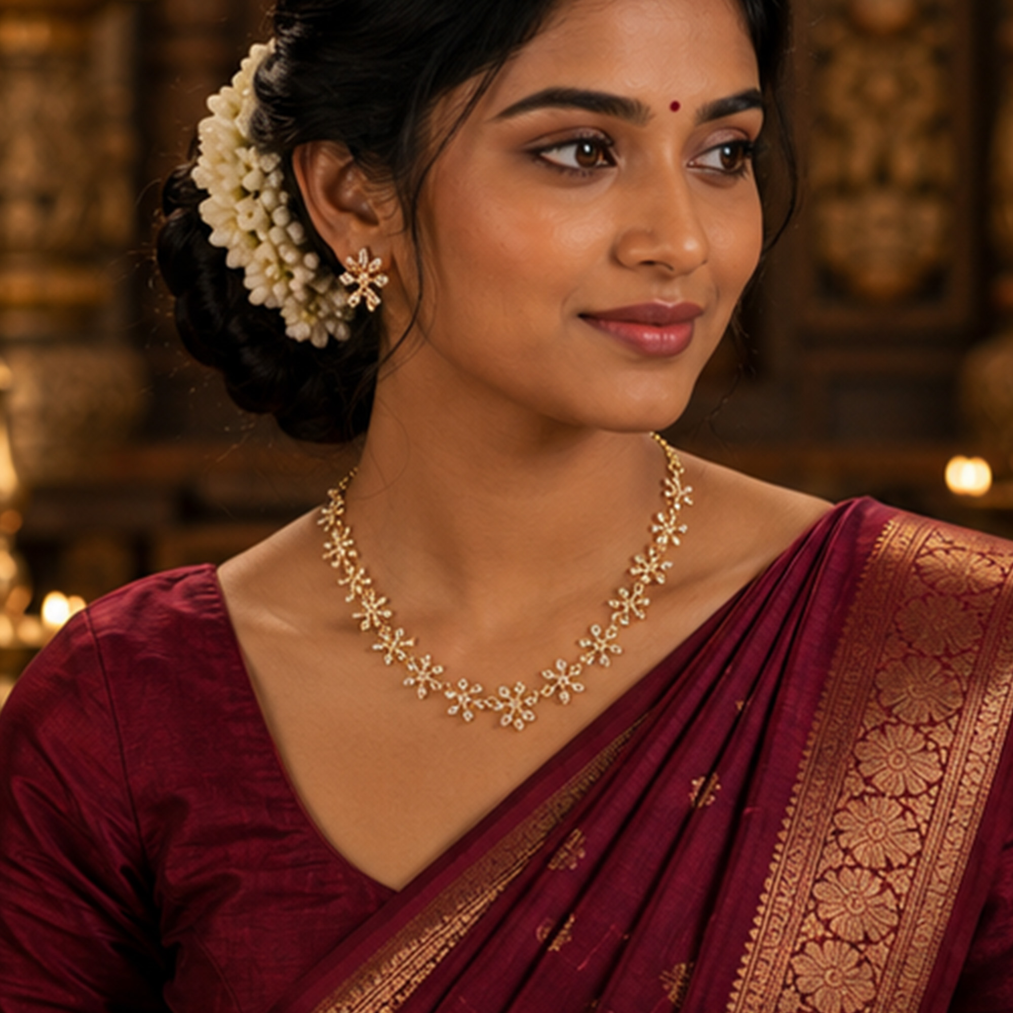 Golden Floral Charm Necklace Set Worn by Woman