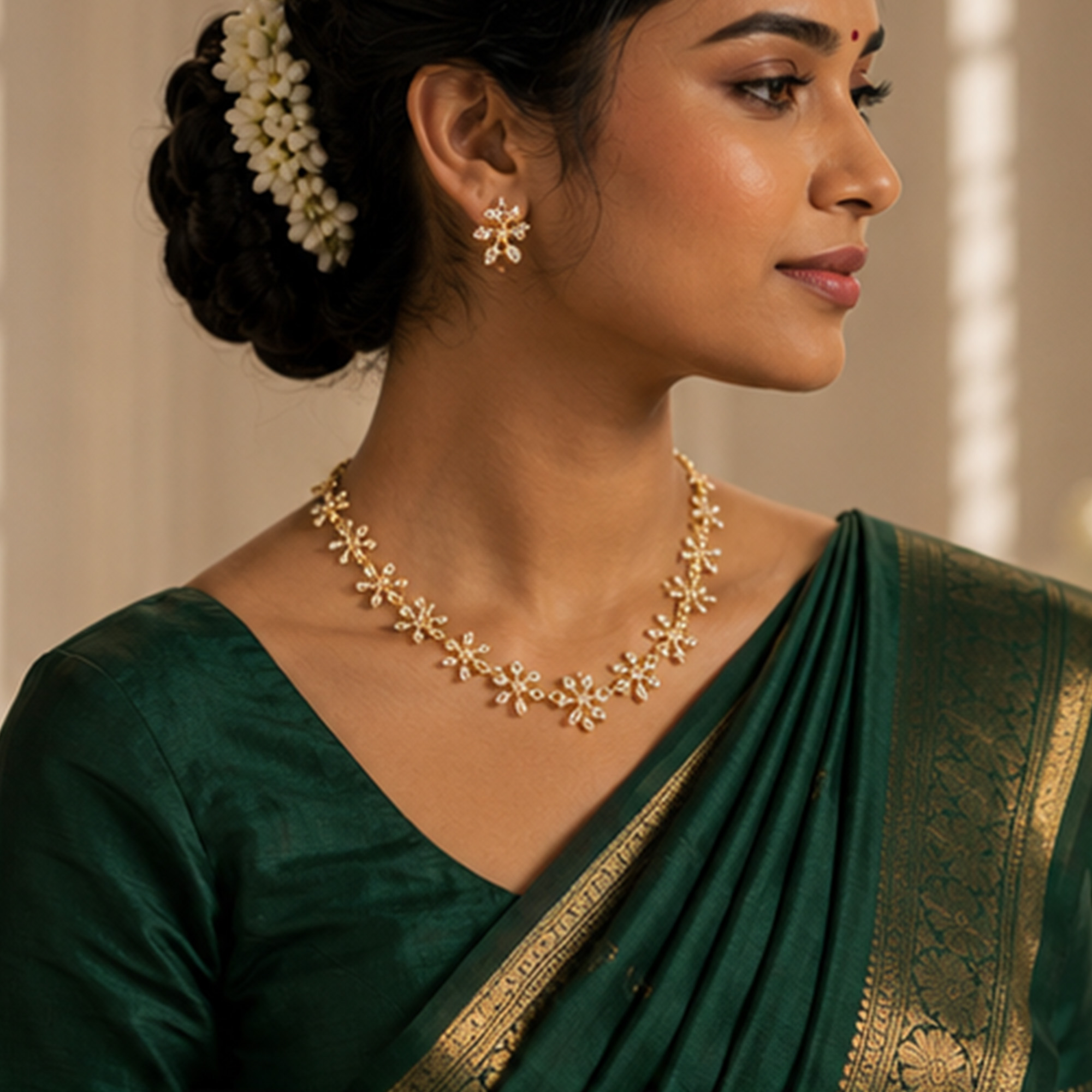 Golden Flower Charm Necklace Set Model Image