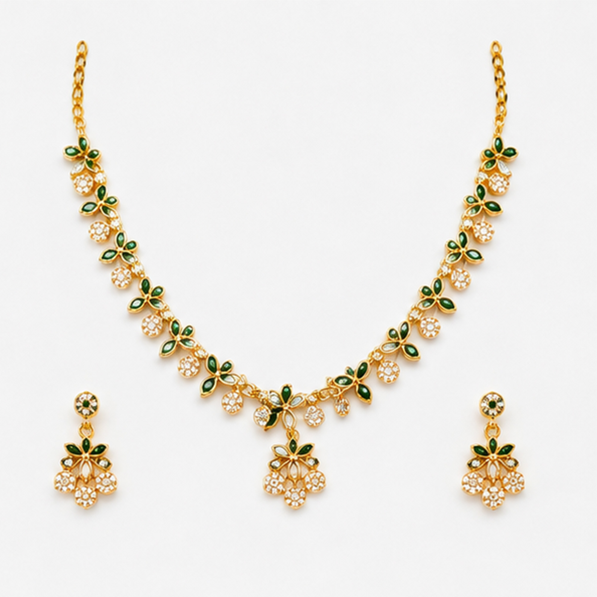Golden Flower Charm Necklace Set on White Background