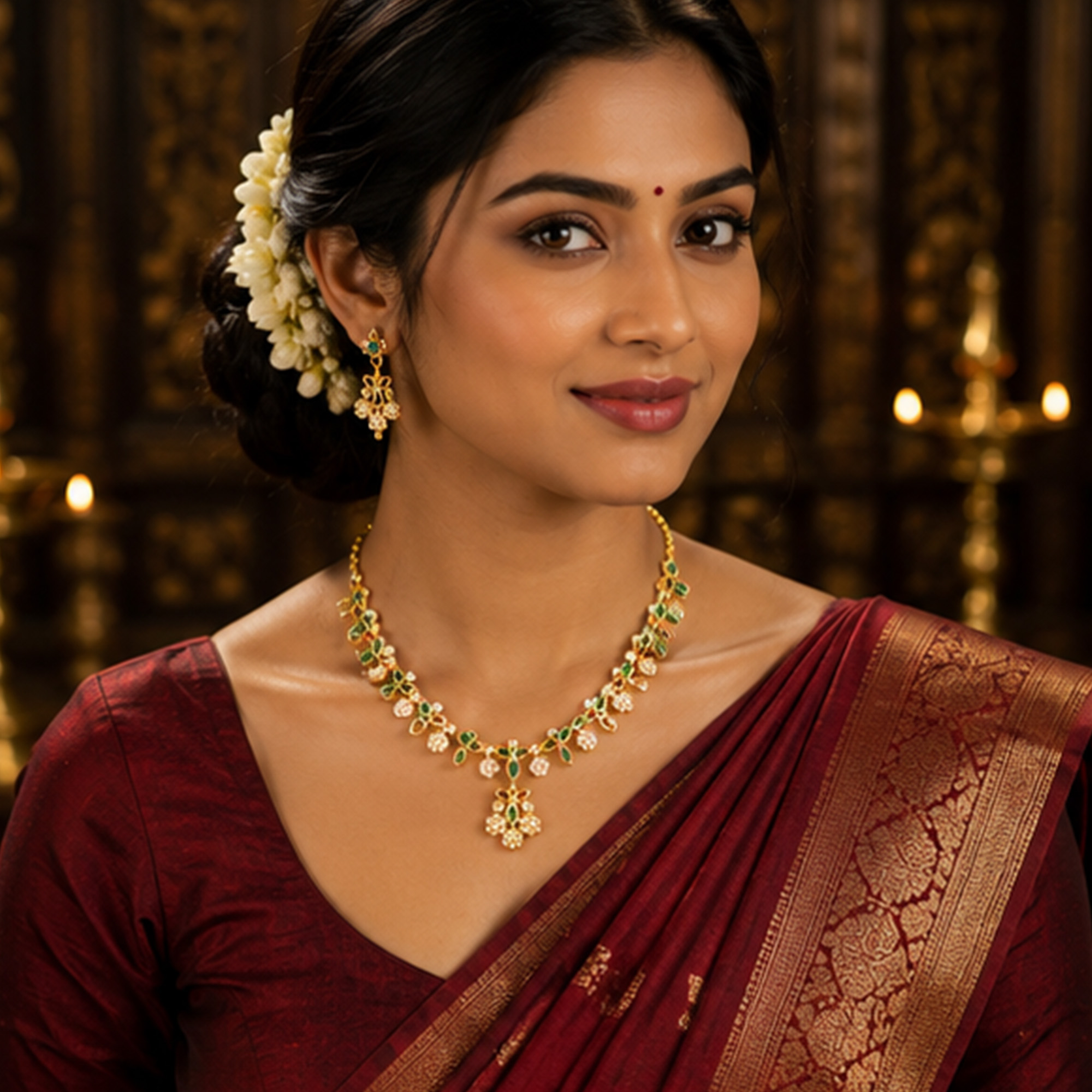 Golden Flower Charm Necklace Set Worn by Woman