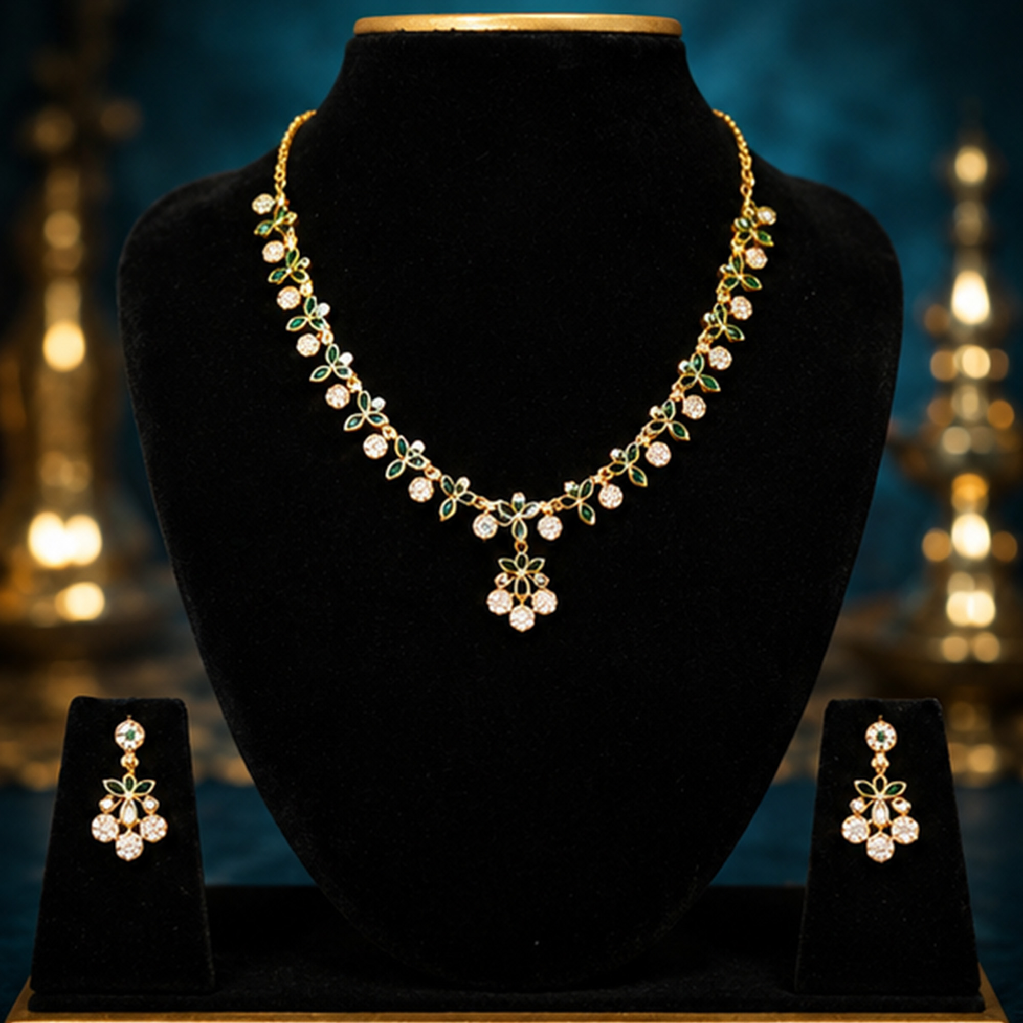 Golden Flower Charm Necklace Set Premium Display