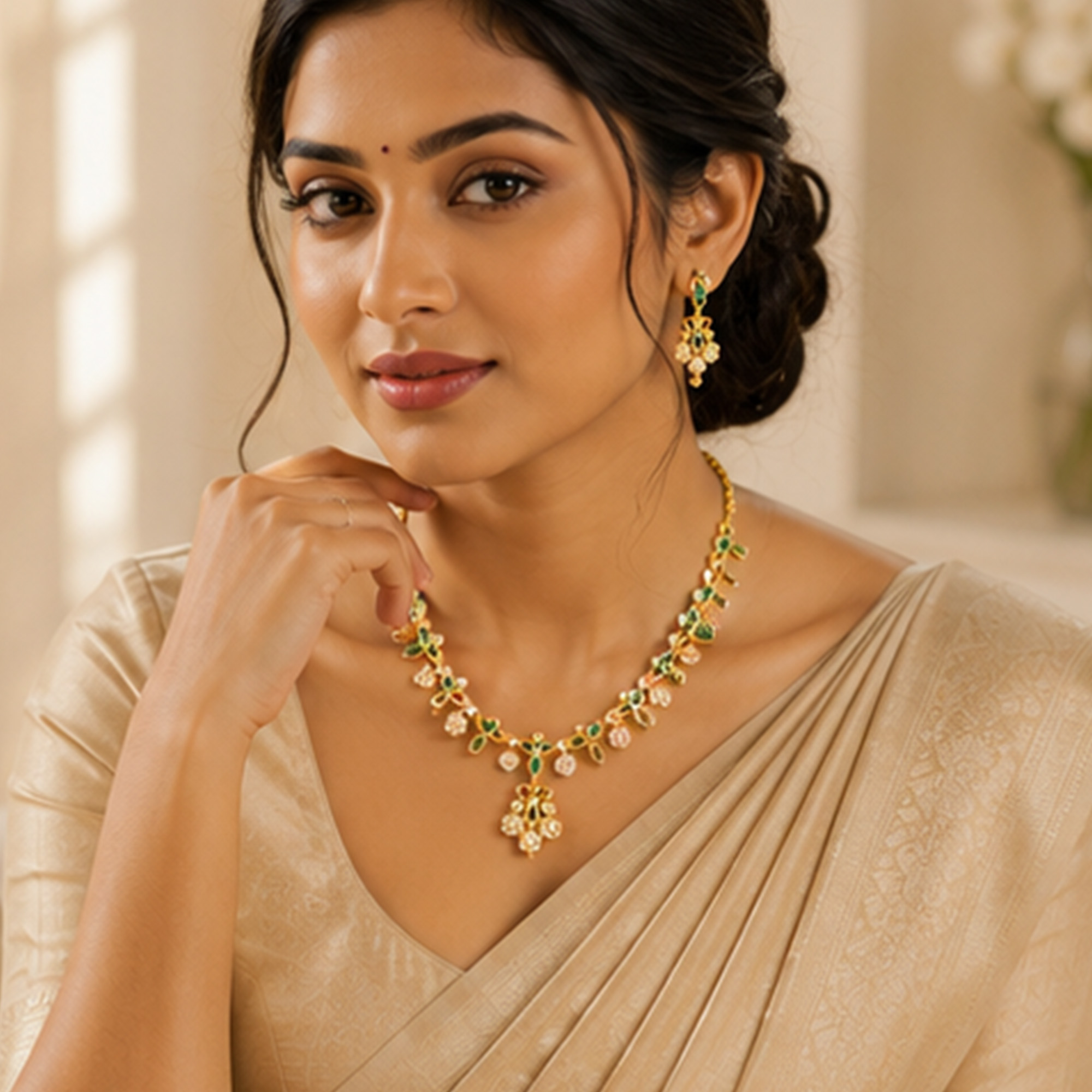 Golden Flower Charm Necklace Set Model Image