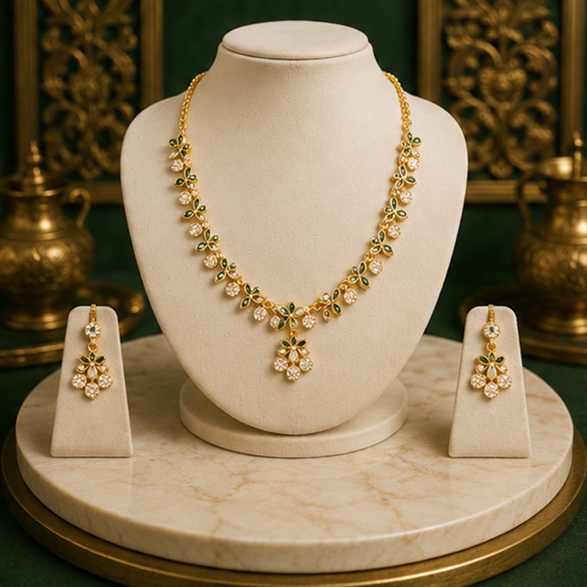 Golden Flower Charm Necklace Set on Jewellery Bust