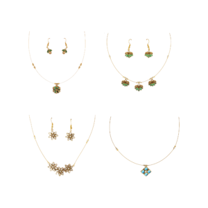 Gold leaf-inspired invisible chain necklaces with matching earrings, featuring green and gold floral designs for women