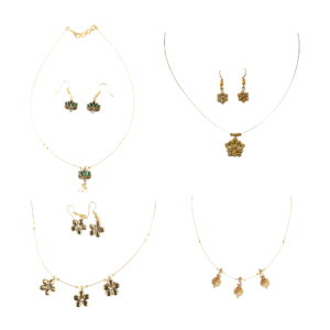 Gold pearl drop invisible chain necklace set with floral pendants and matching earrings for women