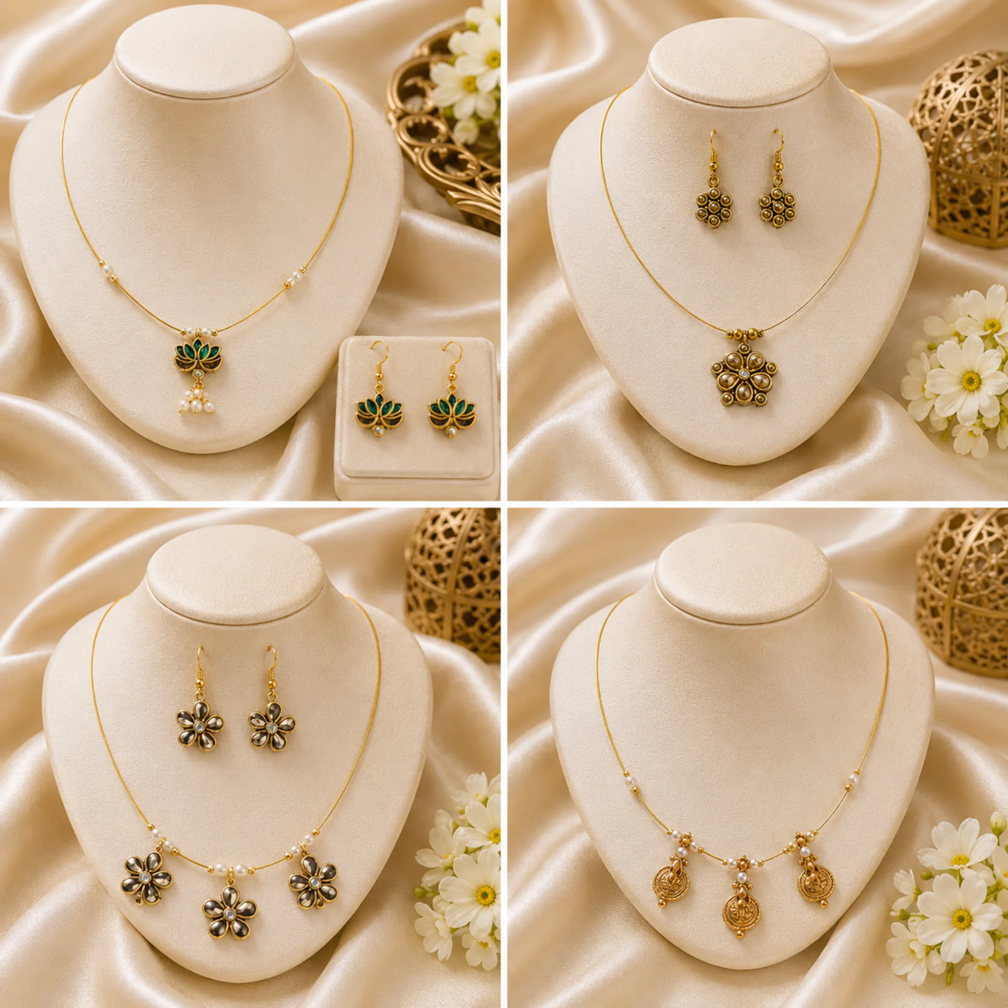 Gold pearl drop invisible chain necklace with floral pendants and matching earrings for women