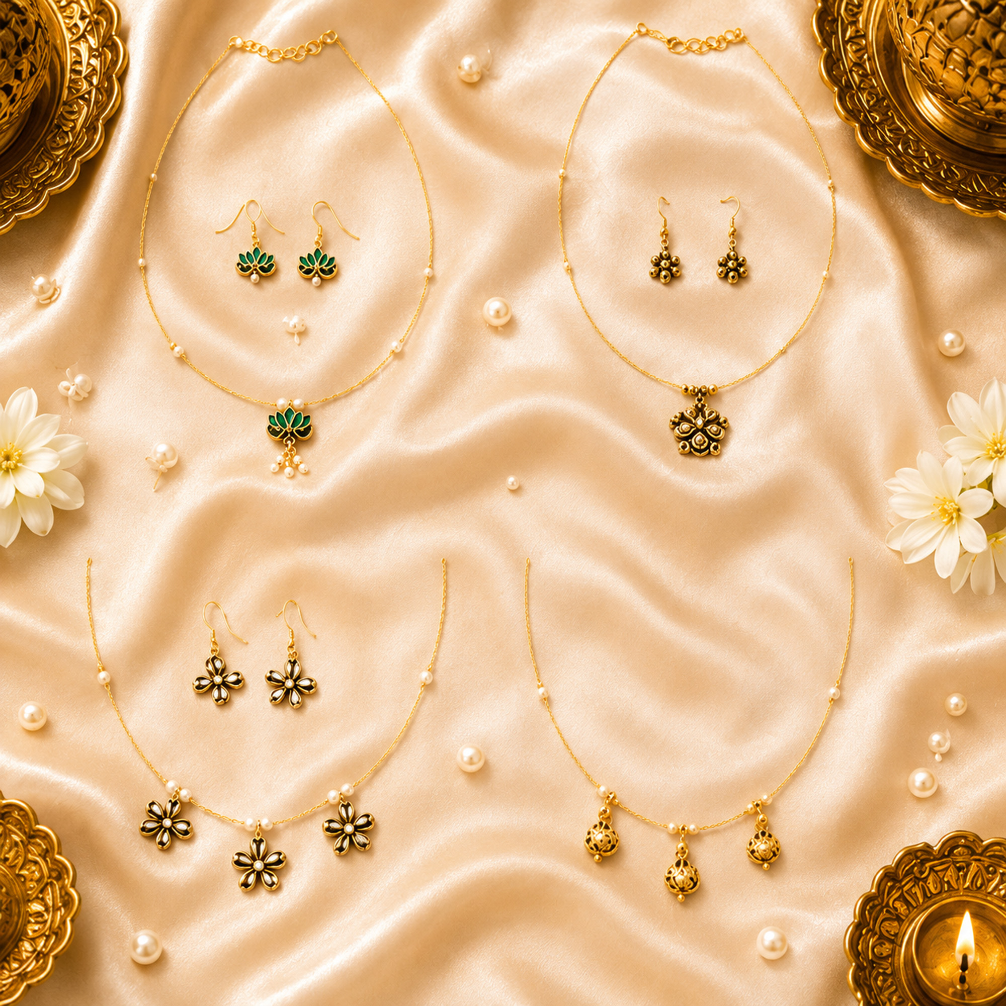 Gold pearl drop invisible chain necklace sets with floral pendants and matching earrings for women