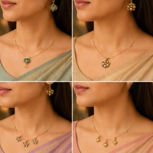 Gold pearl drop invisible chain necklace with floral pendants styled on a woman in sarees