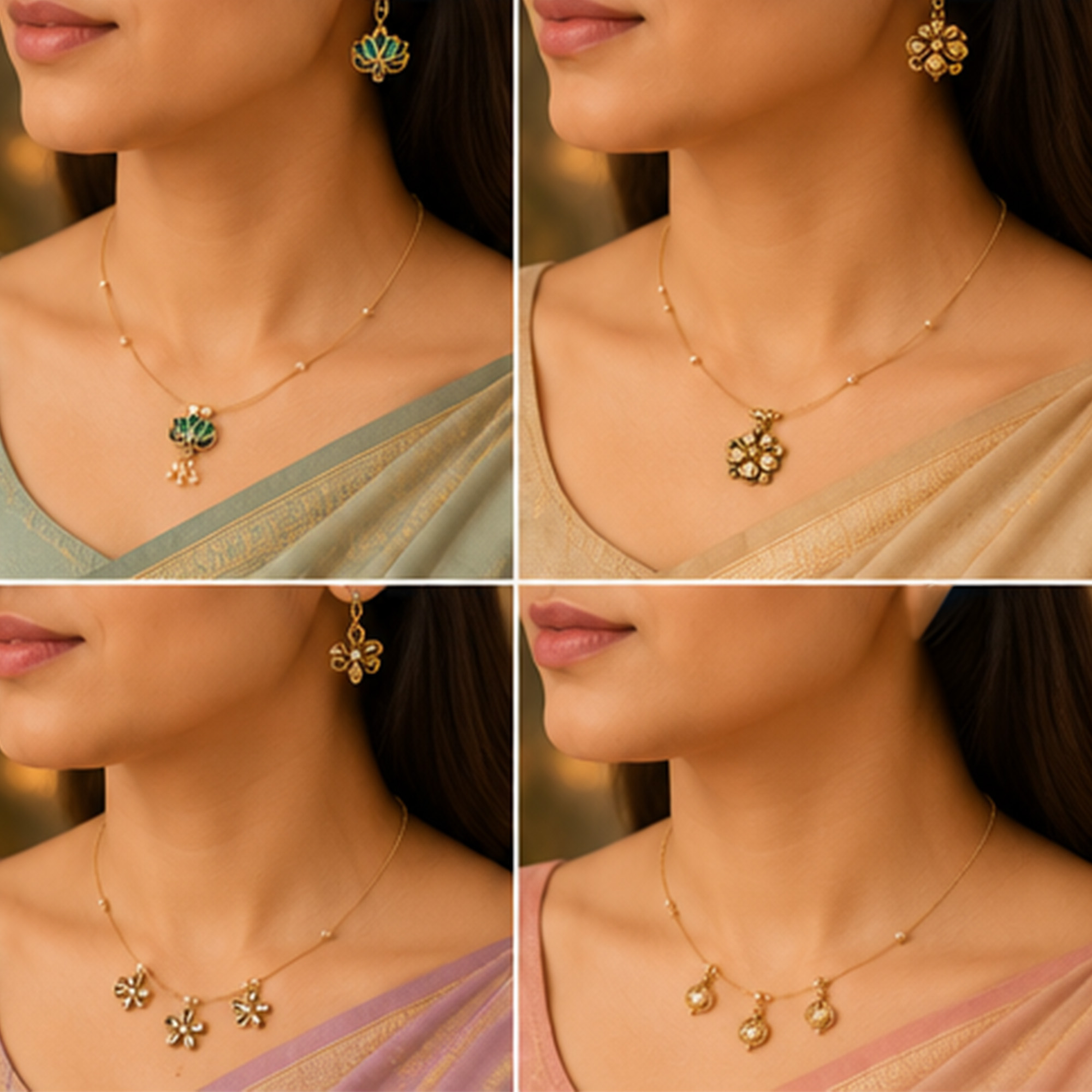Gold pearl drop invisible chain necklace with floral pendants styled on a woman in sarees