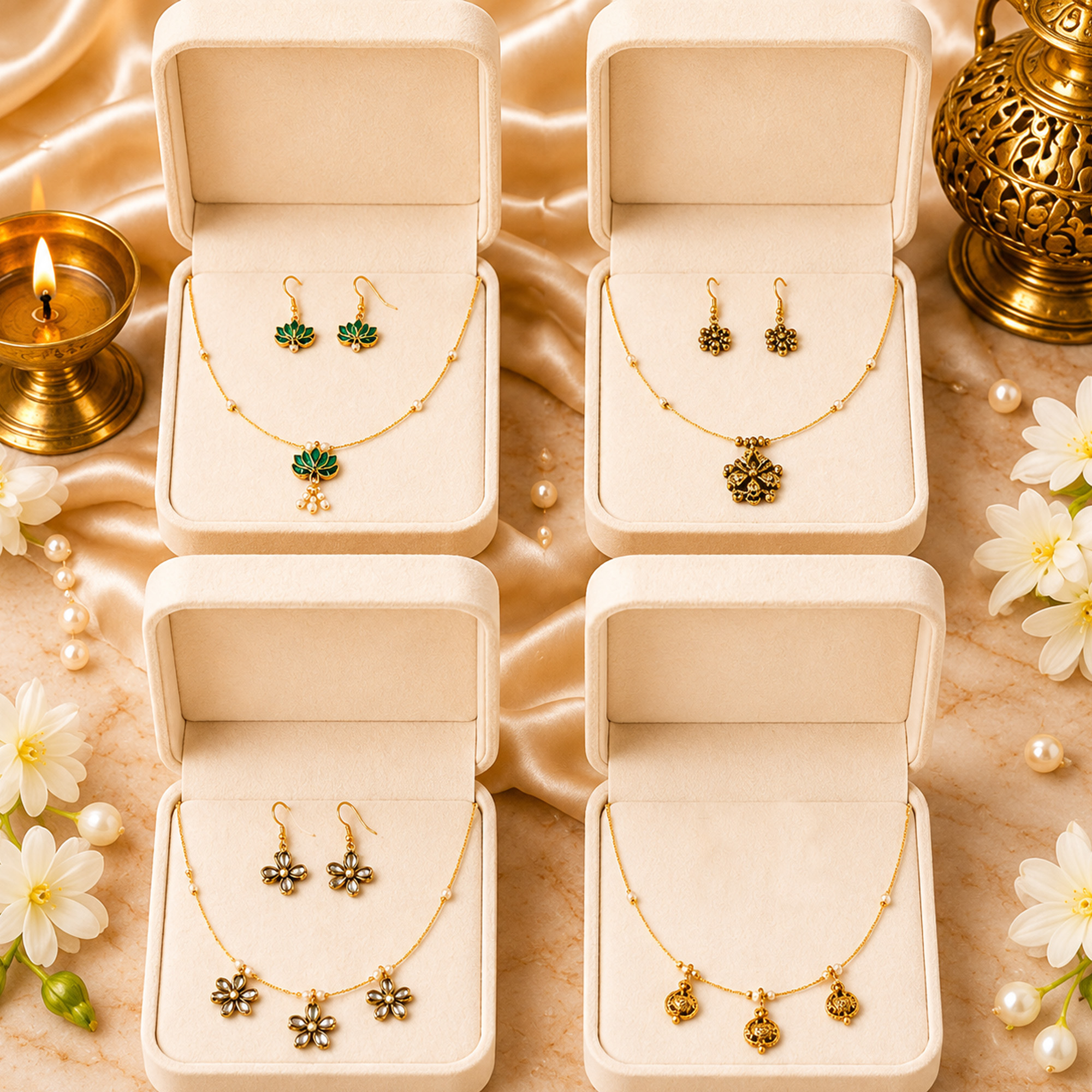 Gold invisible chain necklace sets with floral pendants and matching earrings for women