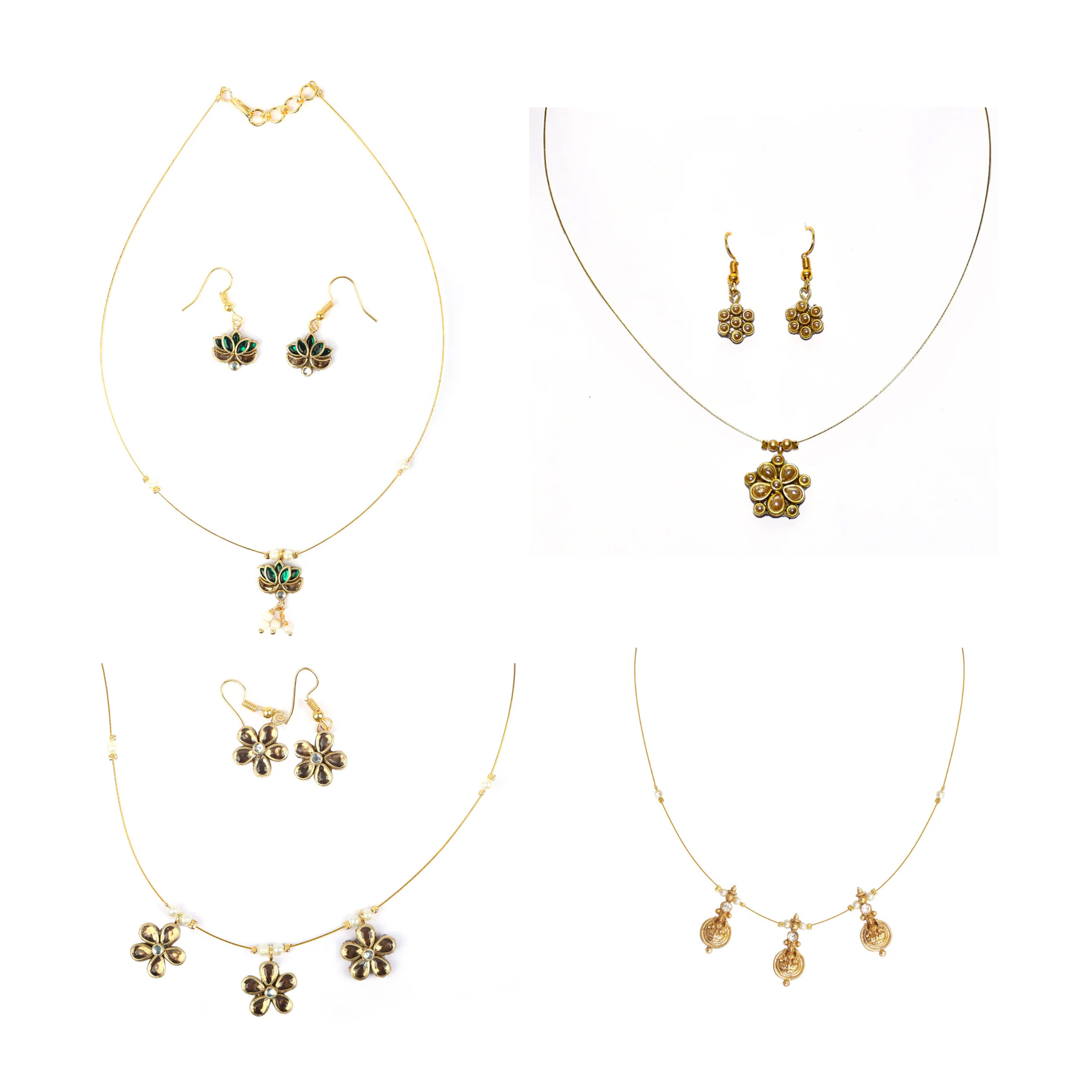 Gold pearl drop invisible chain necklace set with floral pendants and matching earrings for women