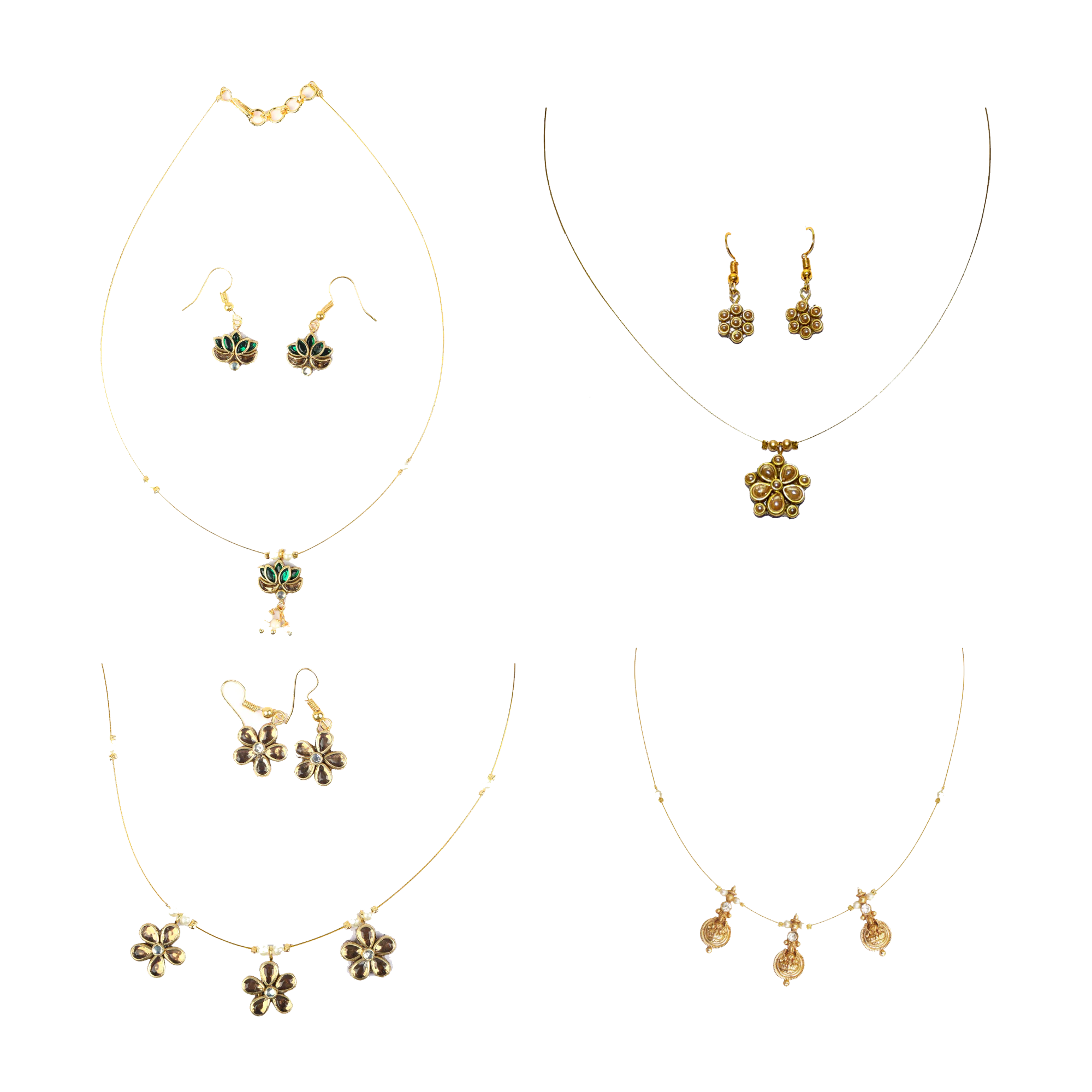 sklazo-golden-pearl-drop-invisible-chain Gold pearl drop invisible chain necklace set with floral pendants and matching earrings for women