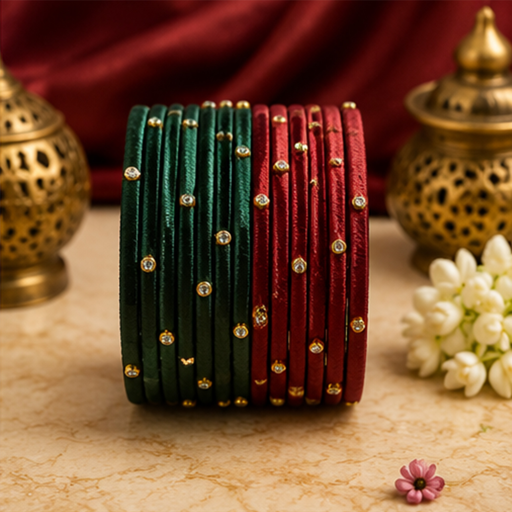 Maroon and Dark Green Combo Silk Thread Bangles Close-Up