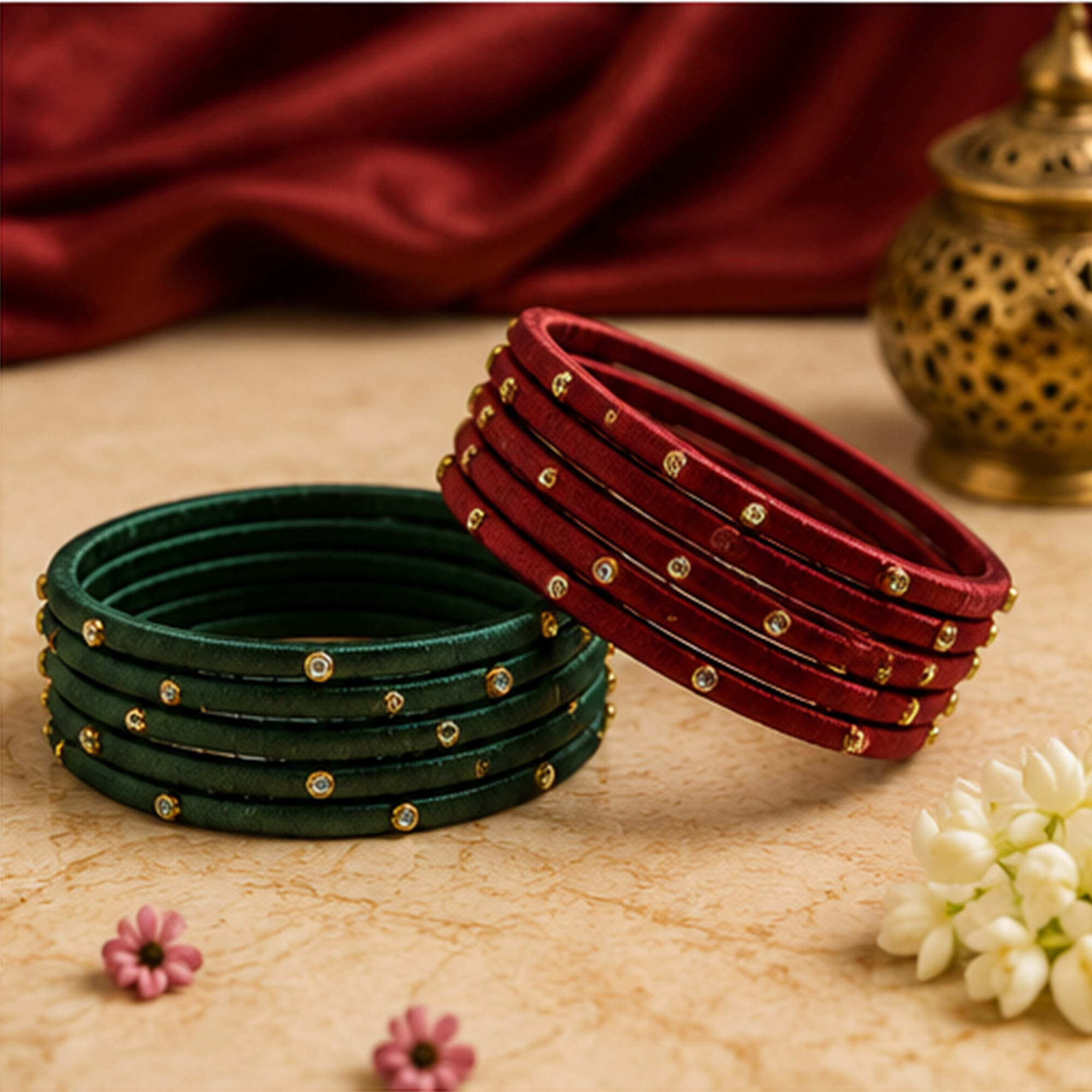 Maroon and Dark Green Combo Silk Thread Bangles Lifestyle Display