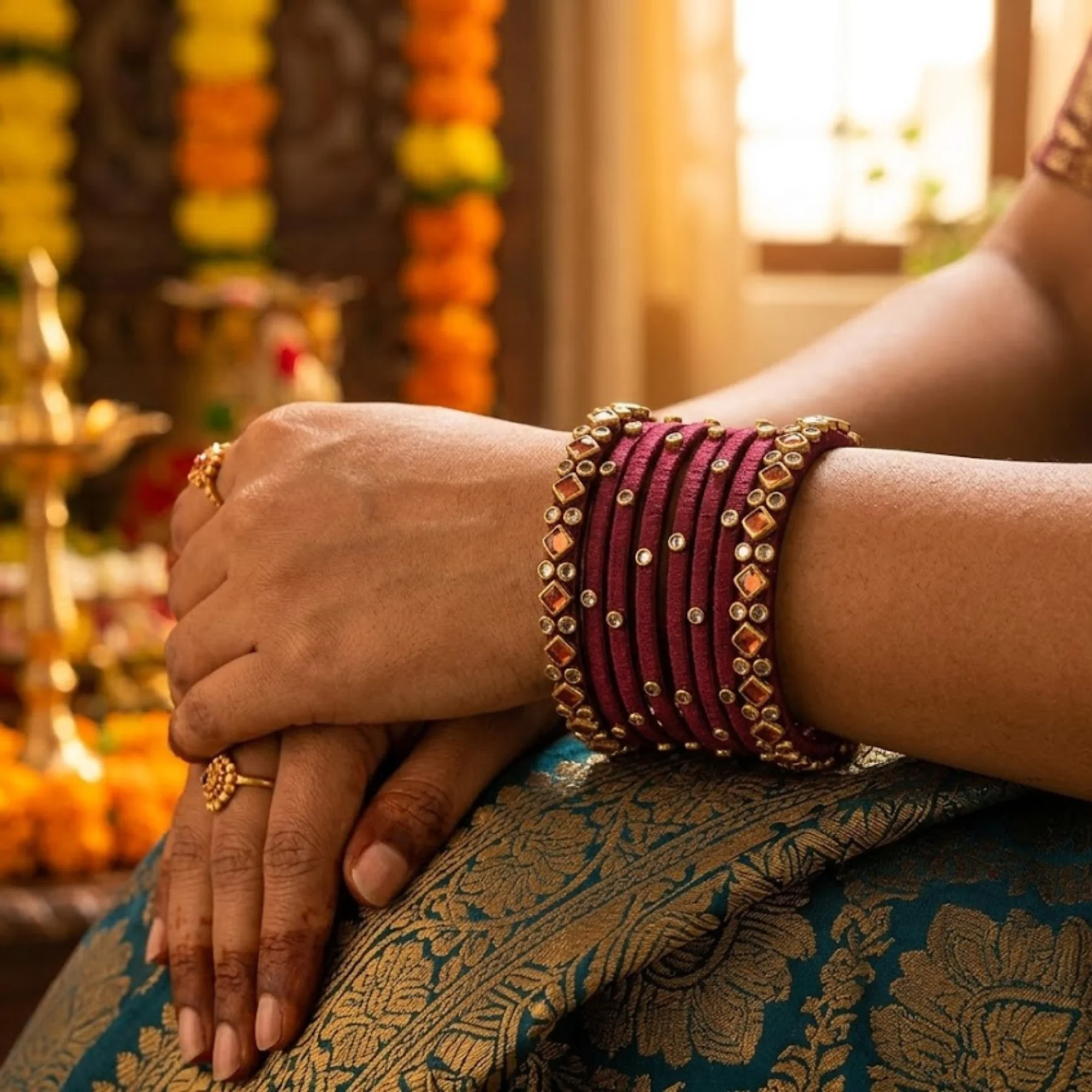 Maroon and Dark Green Combo Silk Thread Bangles Worn by Woman