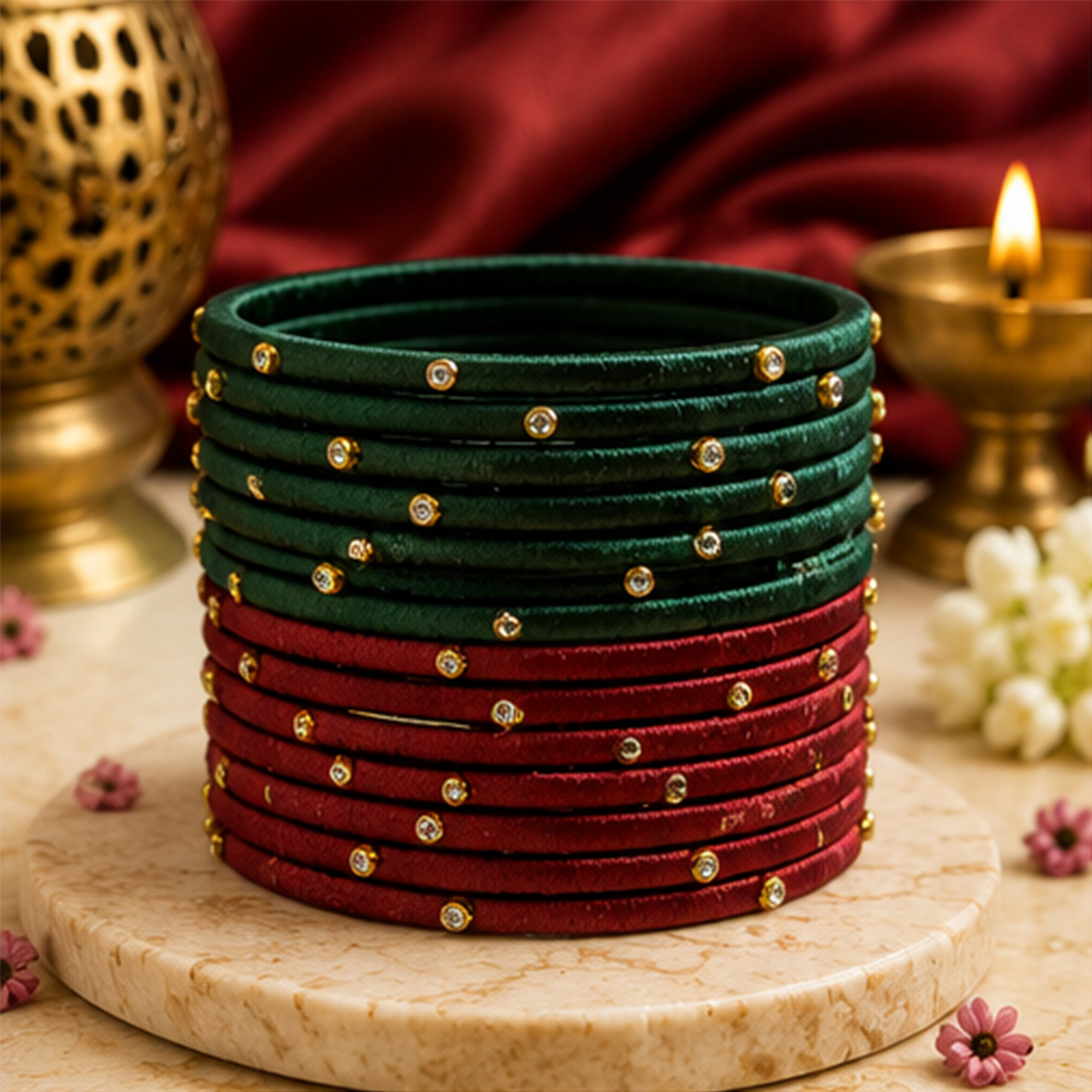 sklazo-maroon-and-dark-green-combo-silk-thread-bangles Maroon and Dark Green Combo Silk Thread Bangles Product Display