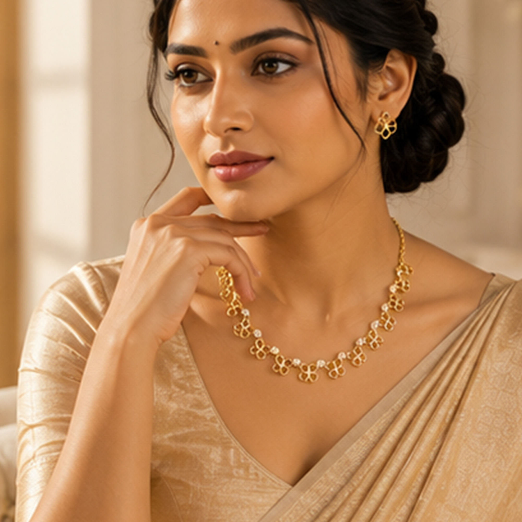 Peacock Feather Bloom Gold Necklace Set Model Image