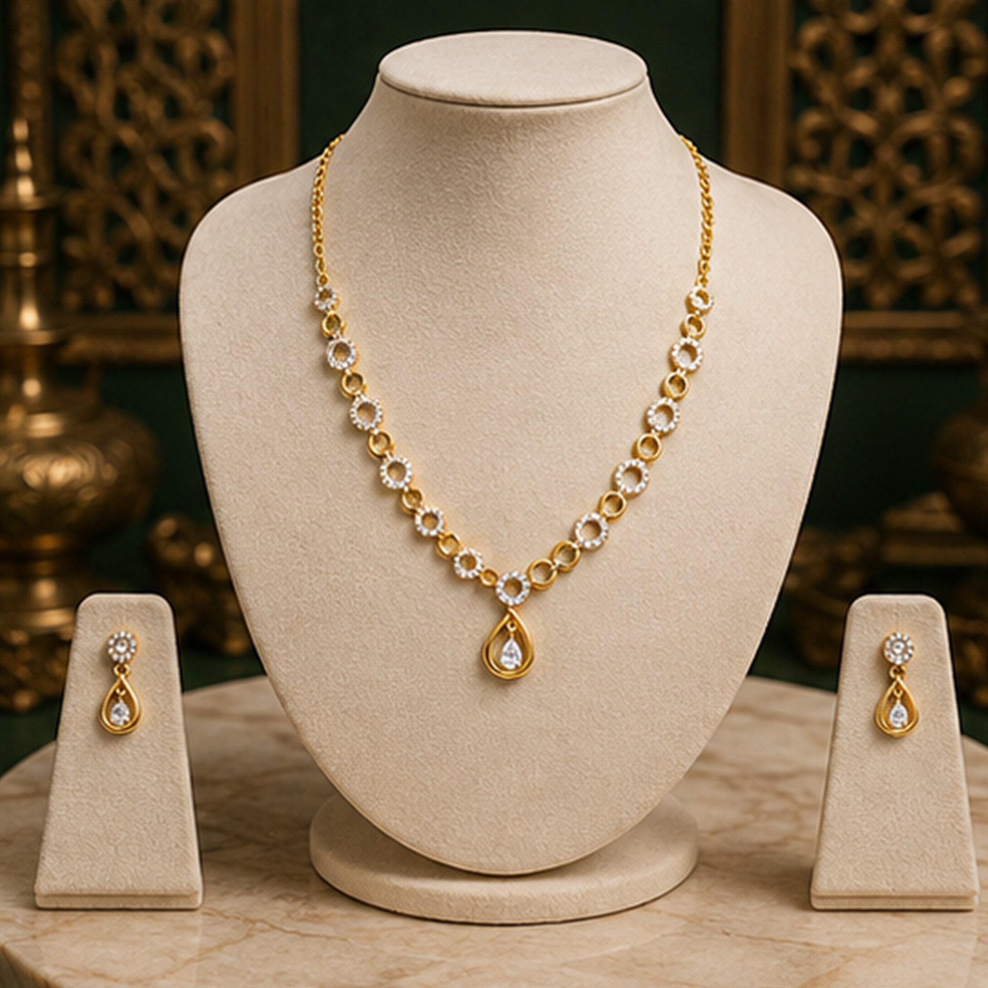 Regal Teardrop Necklace Set on Jewellery Bust