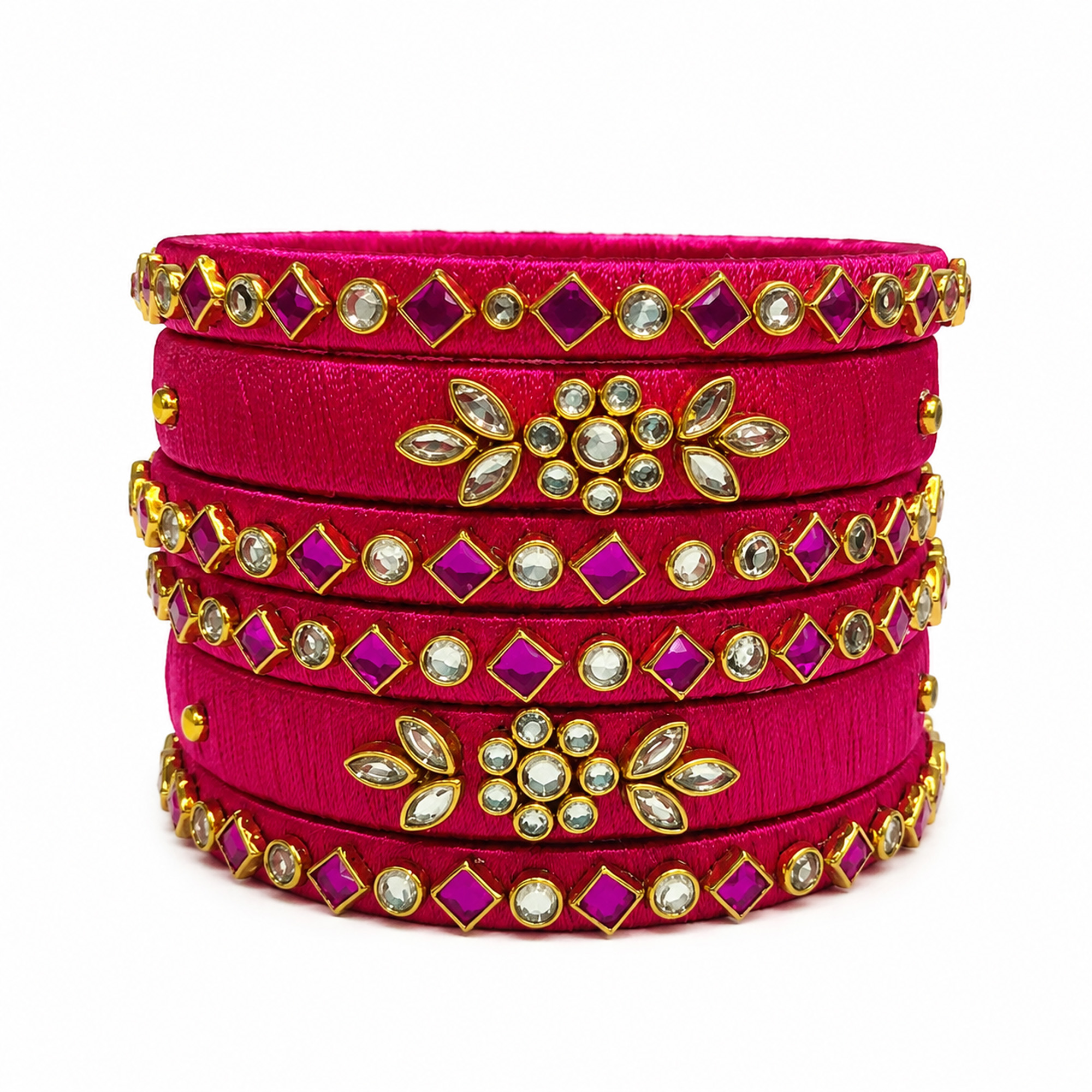 Royal pink floral silk thread bangles on a white background