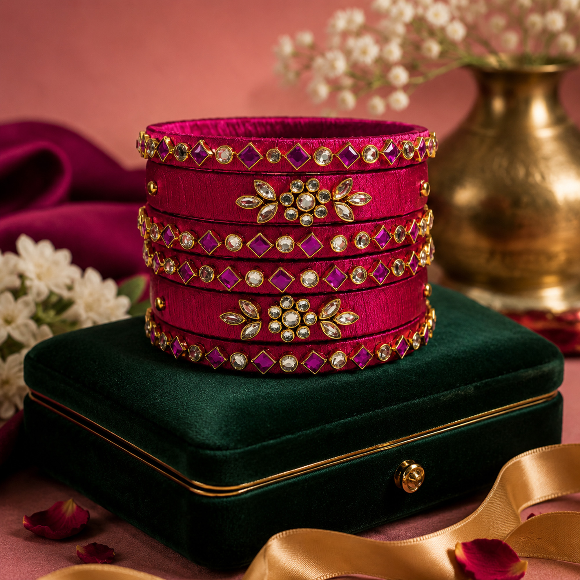 Royal pink floral silk thread bangles in an elegant lifestyle setting