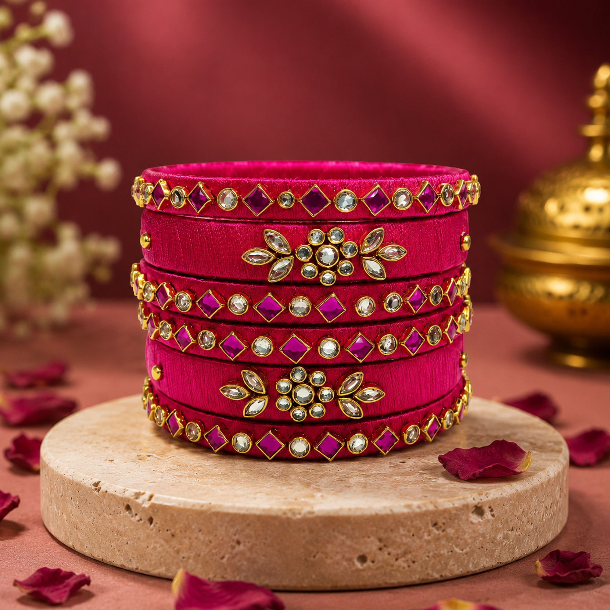 sklazo-royal-pink-floral-silk-thread-bangles-premium Royal pink floral silk thread bangles displayed with traditional decor