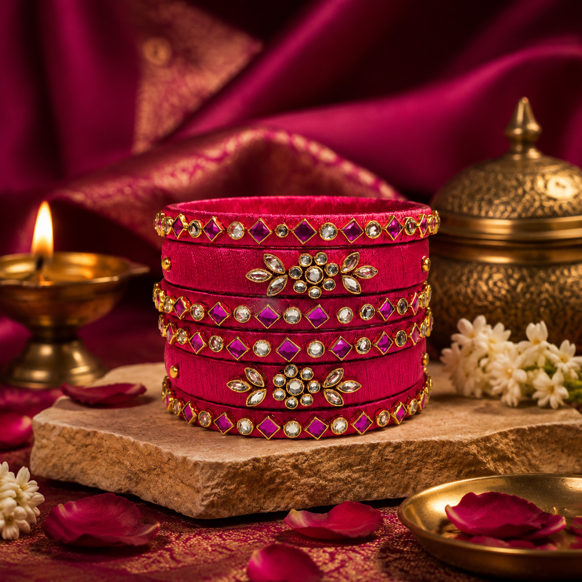 Royal pink floral silk thread bangles in a premium lifestyle setting
