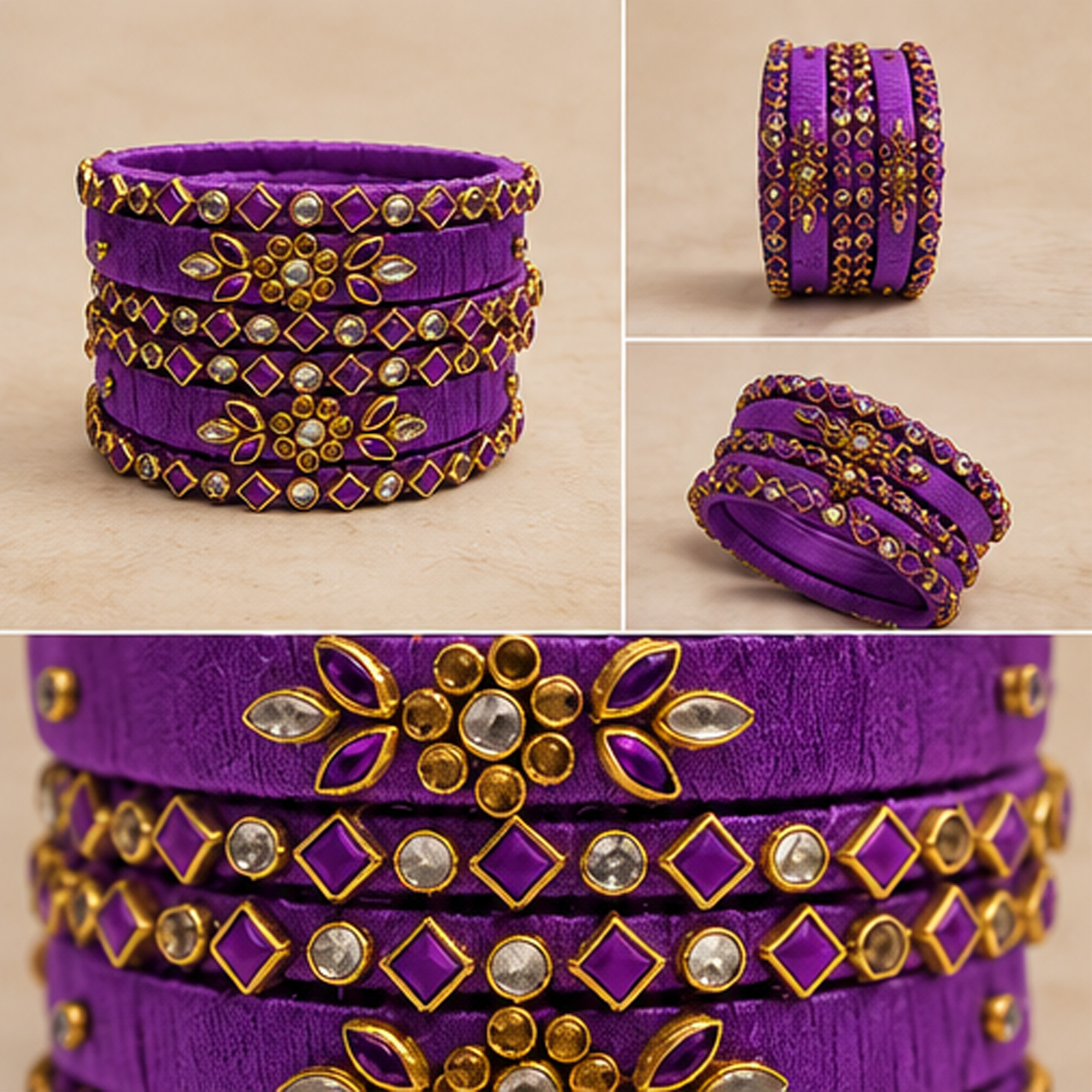 Royal purple floral silk thread bangles detail collage