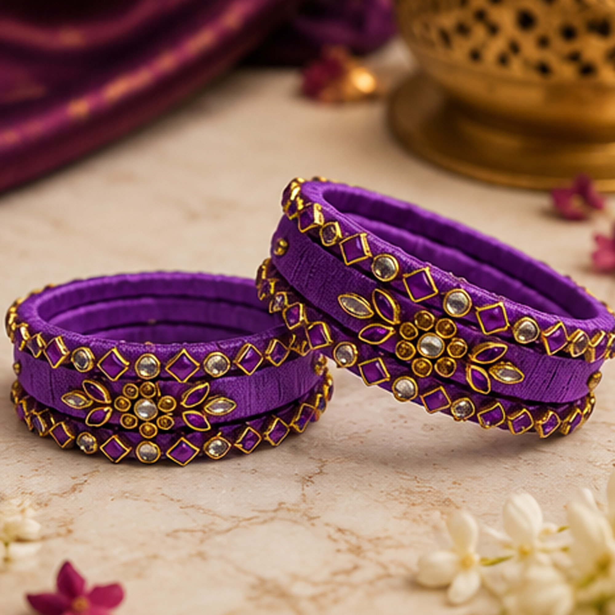 Royal purple floral silk thread bangles in an elegant product setting