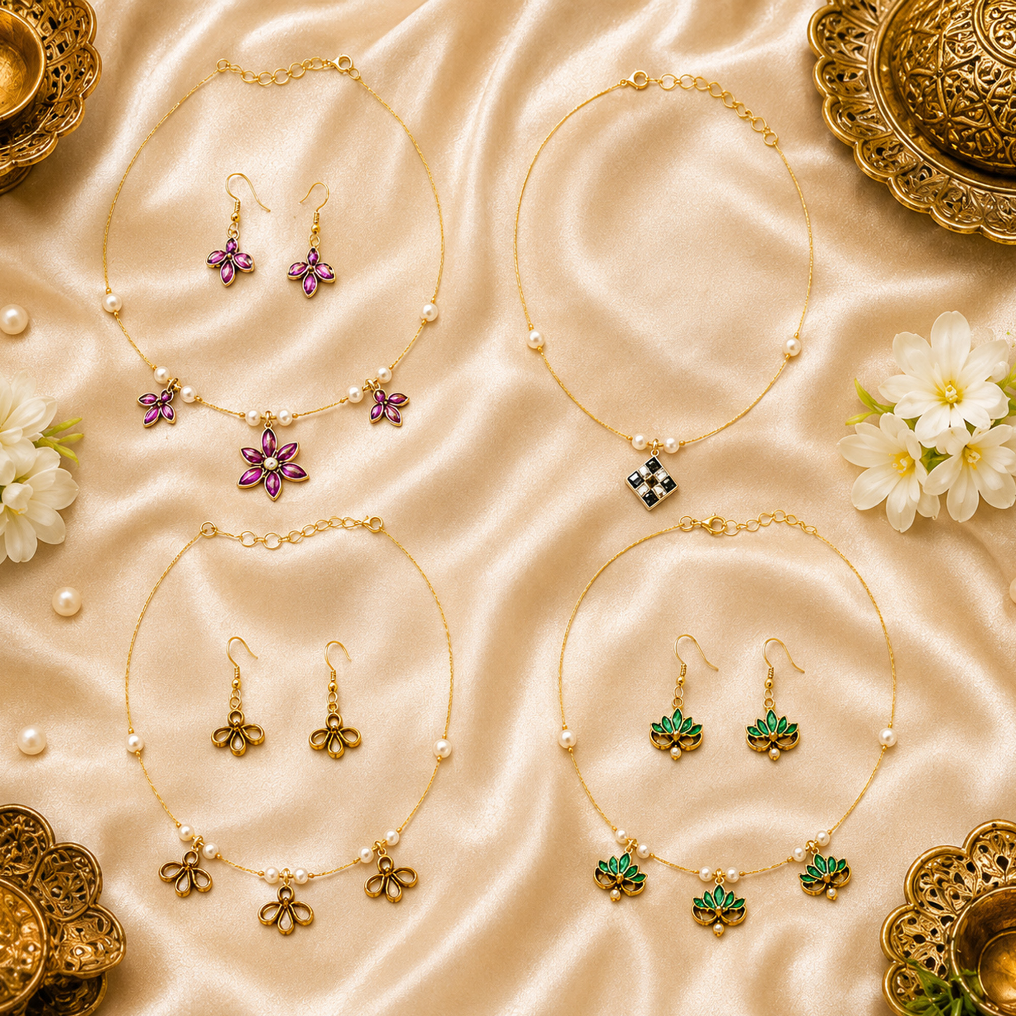 Gold ruby floral invisible chain necklace sets with matching floral earrings for women
