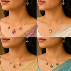 Gold ruby floral invisible chain necklace styled on a woman in sarees with matching floral earrings