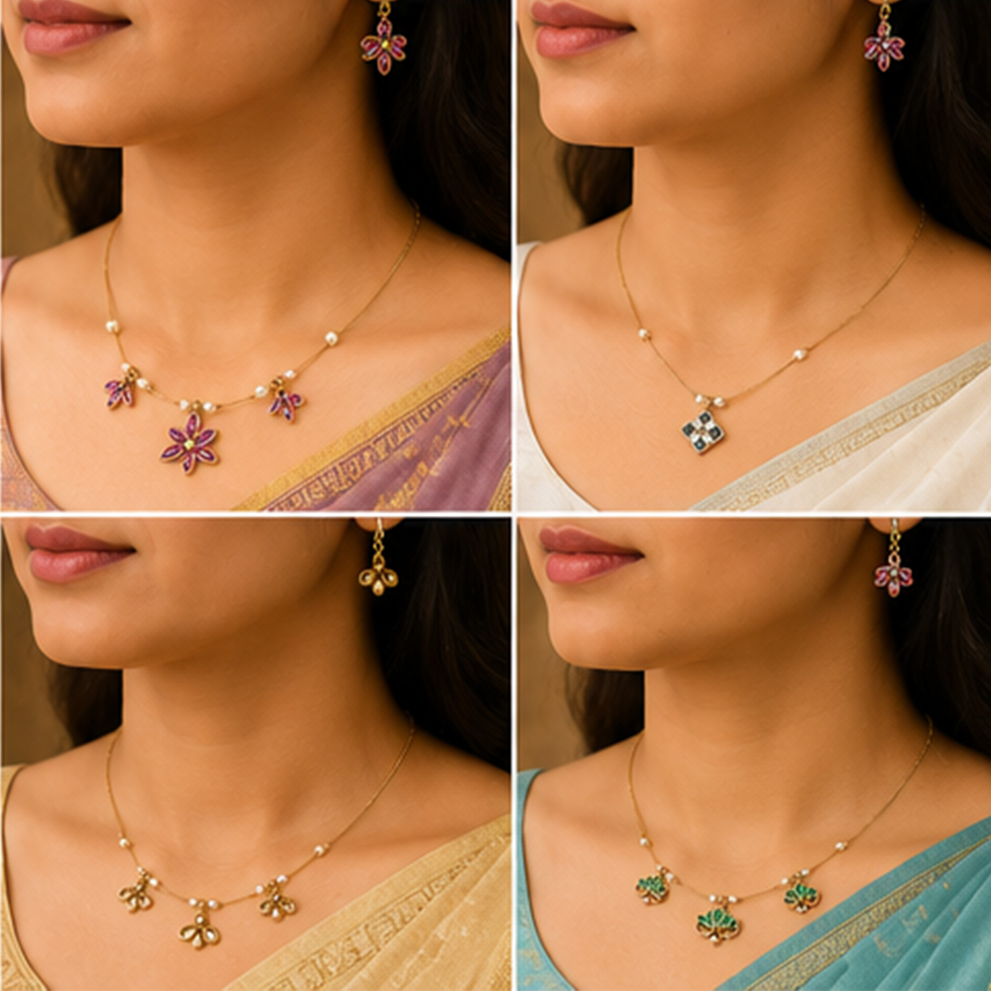 Gold ruby floral invisible chain necklace styled on a woman in sarees with matching floral earrings