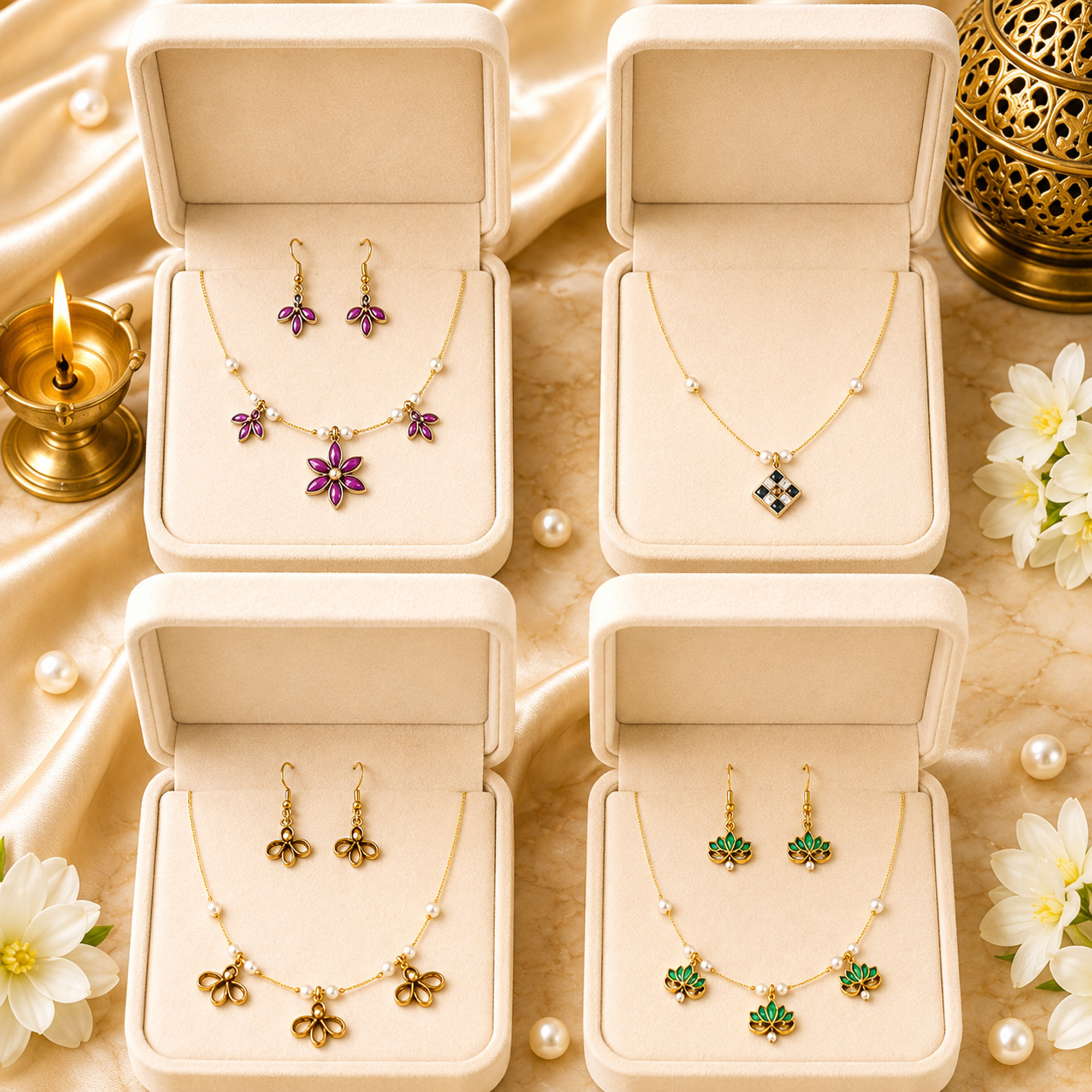 Gold ruby floral invisible chain necklace set with matching floral earrings for women