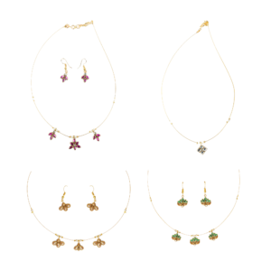Gold ruby floral invisible chain necklace set with matching floral earrings for women