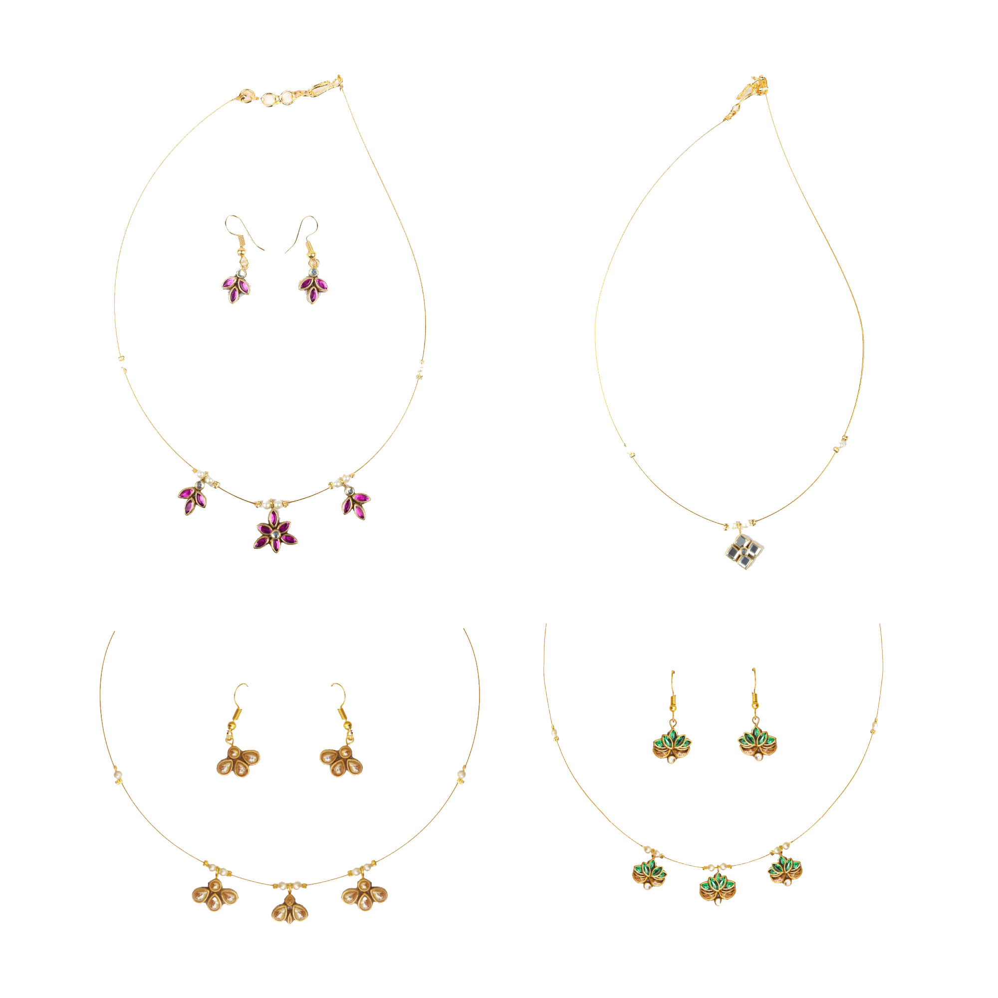 sklazo-ruby-floral-invisible-chain-transparent Gold ruby floral invisible chain necklace set with matching floral earrings for women