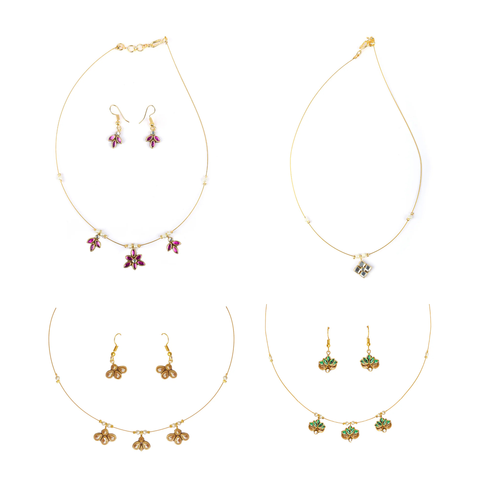 Gold ruby floral invisible chain necklace set with matching floral earrings for women