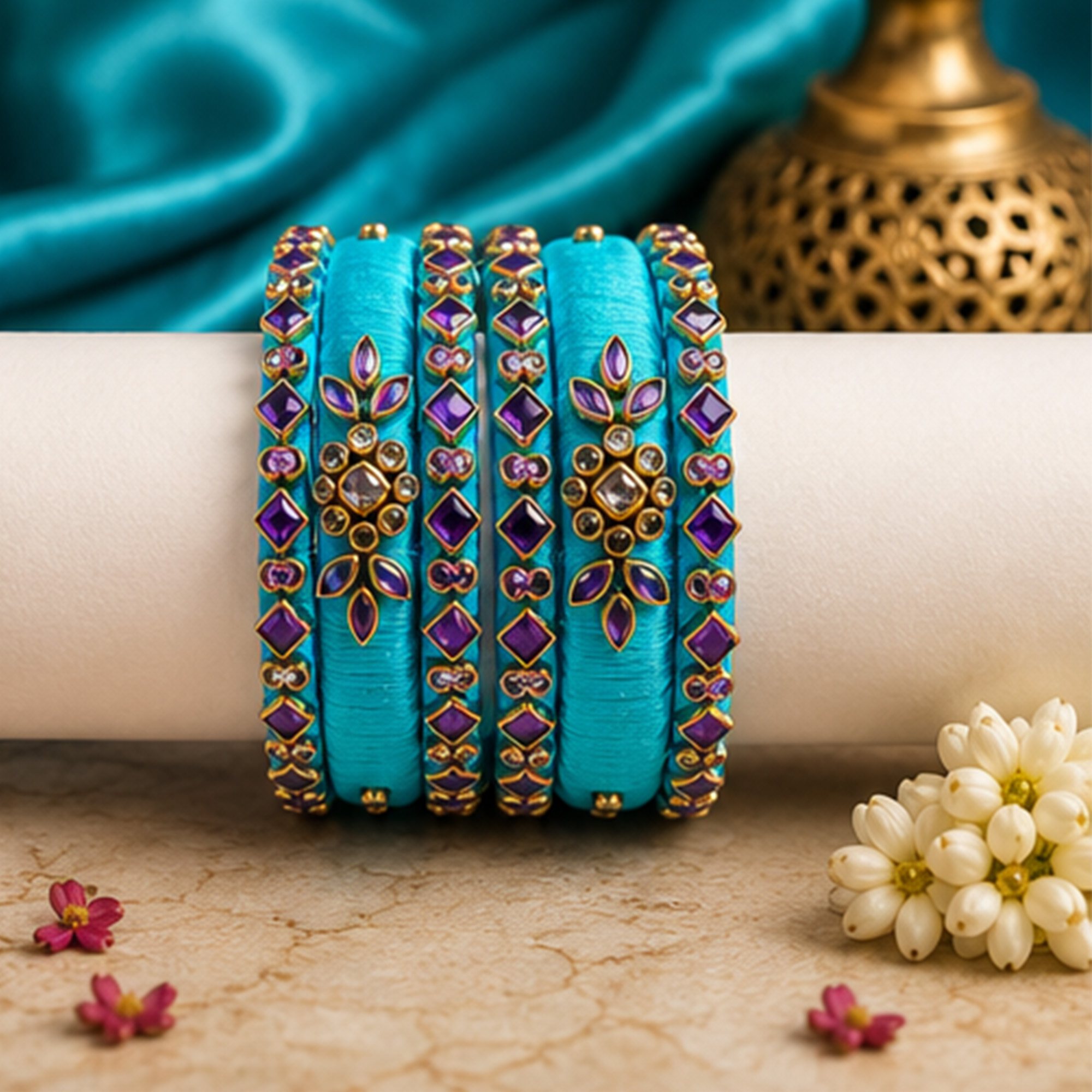 Sky blue and turquoise floral silk thread bangles close-up