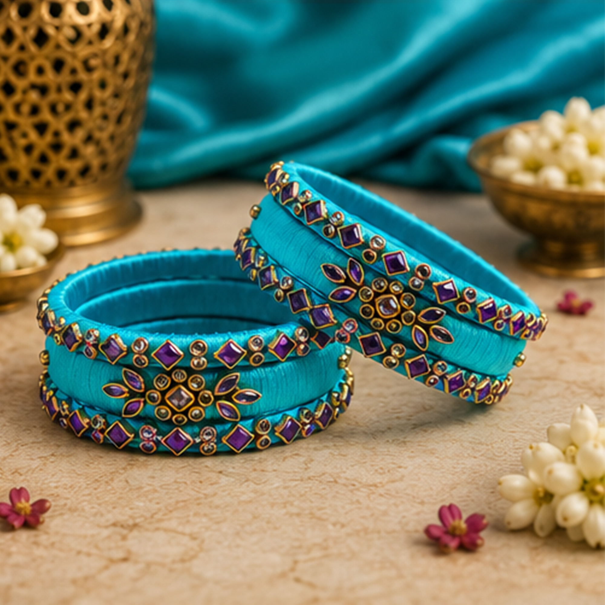 Sky blue and turquoise floral silk thread bangles lifestyle display