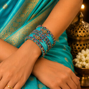Sky blue and turquoise silk thread bangles worn by a woman