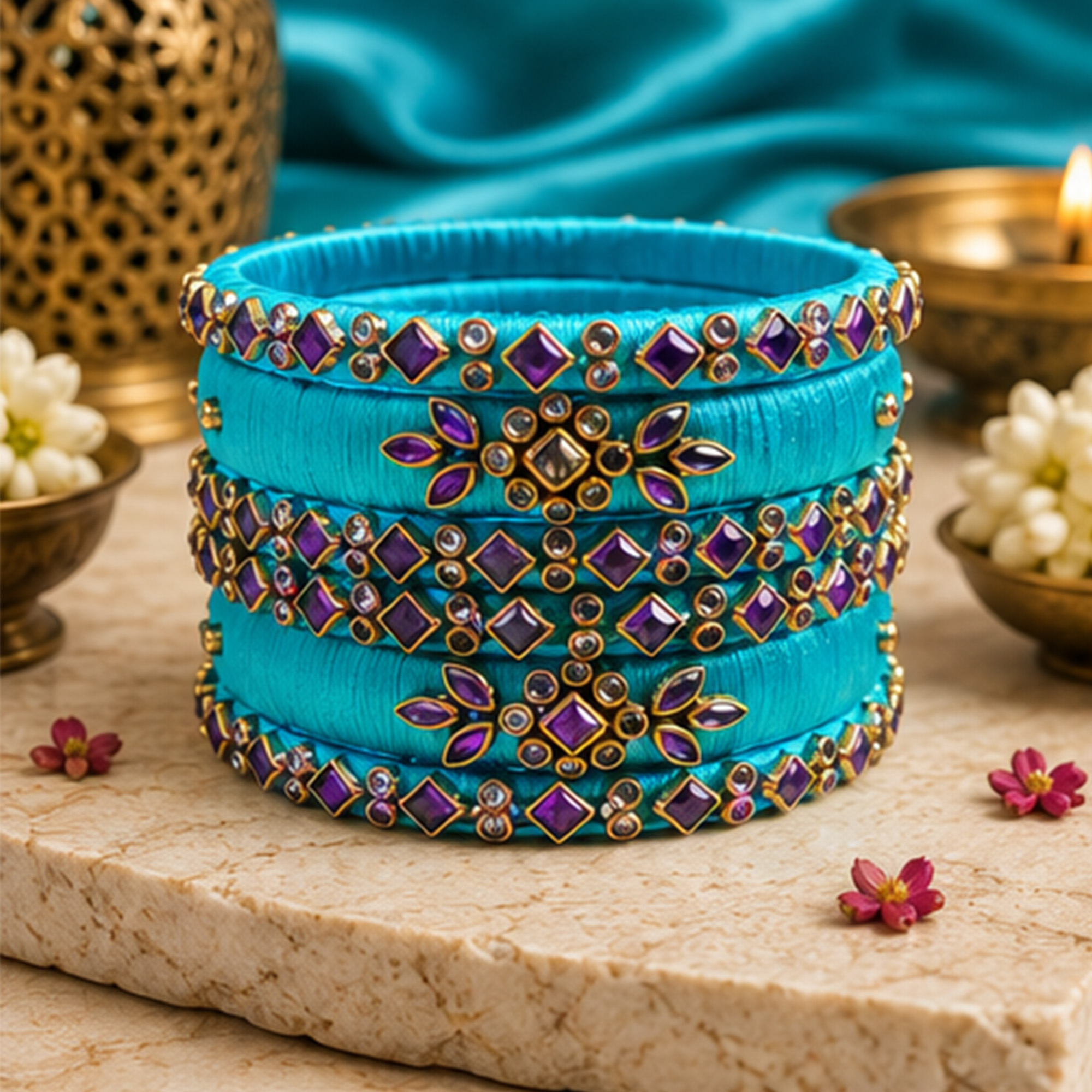 sklazo-sky-blue-and-blue-designer-silk-thread-bangles-showcase Sky blue and turquoise floral silk thread bangles on a premium display
