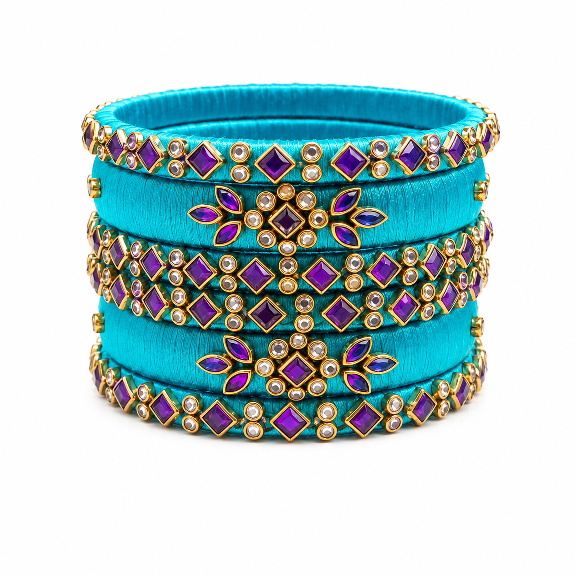 Sky blue and turquoise designer silk thread bangles on white background